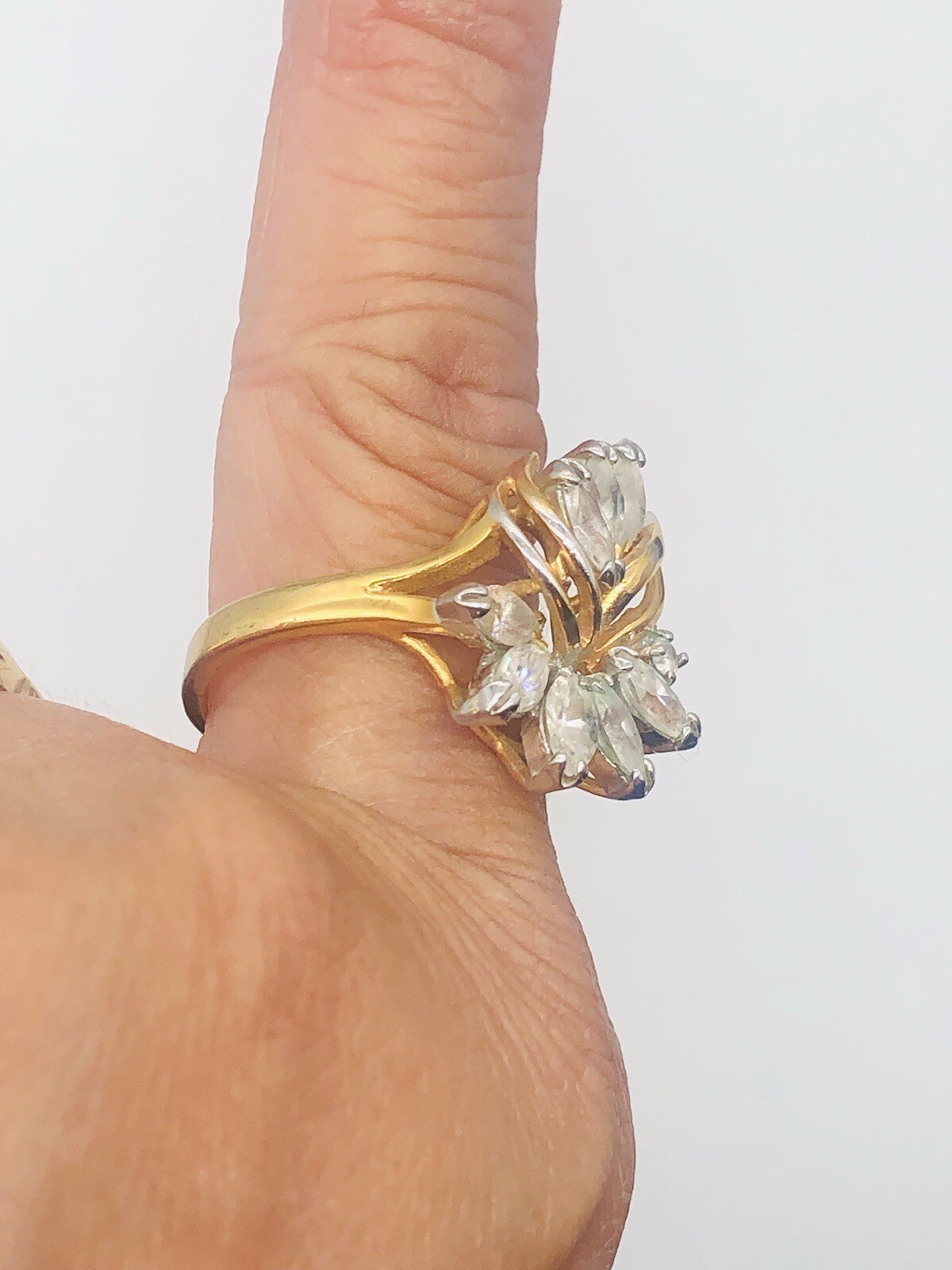 Vtg 14K GE Clear Glass Rhinestone Cocktail Ring Sz 8.75
