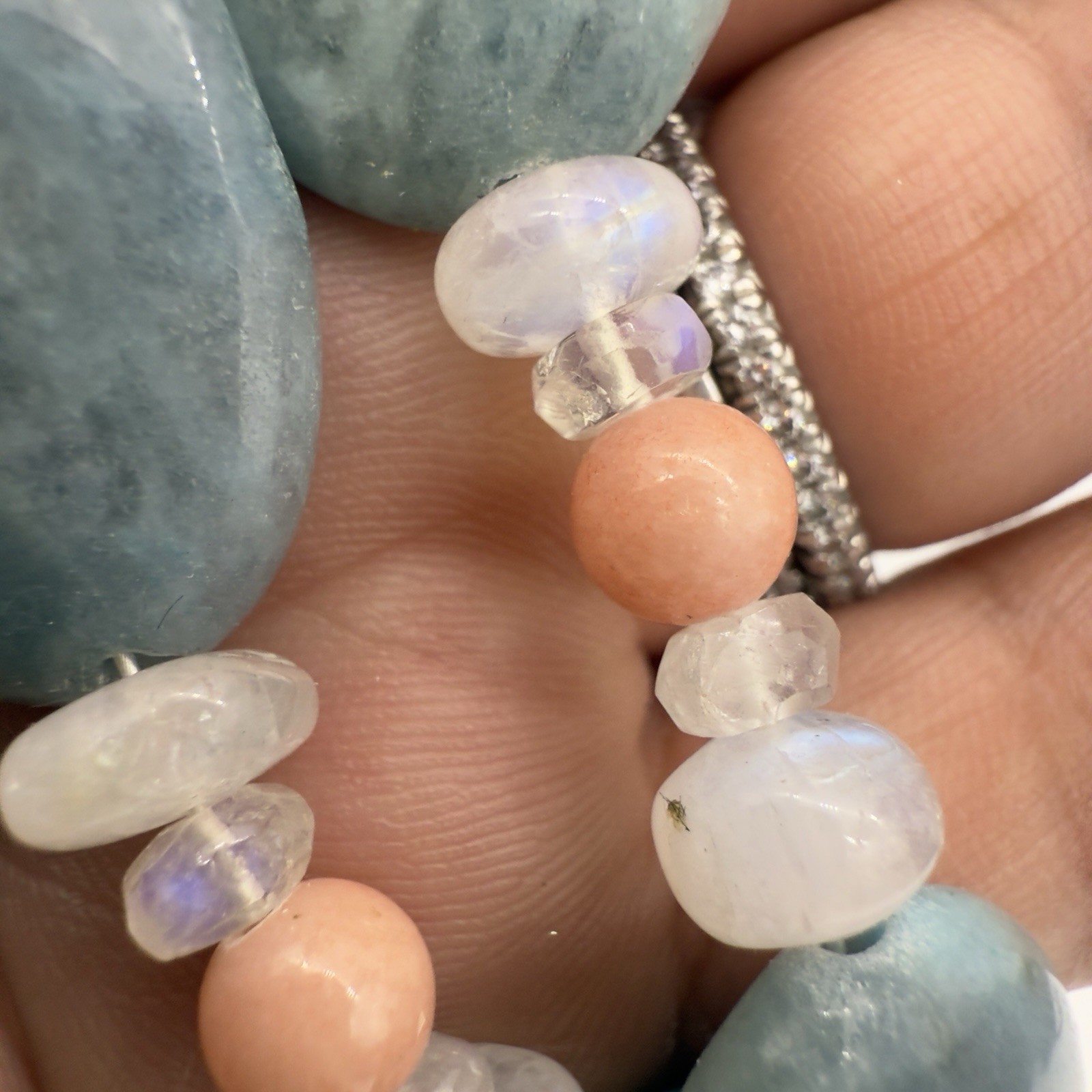 Vtg Sterling Carved Rock Crystal Necklace Angel Skin Coral Moonstone WOW