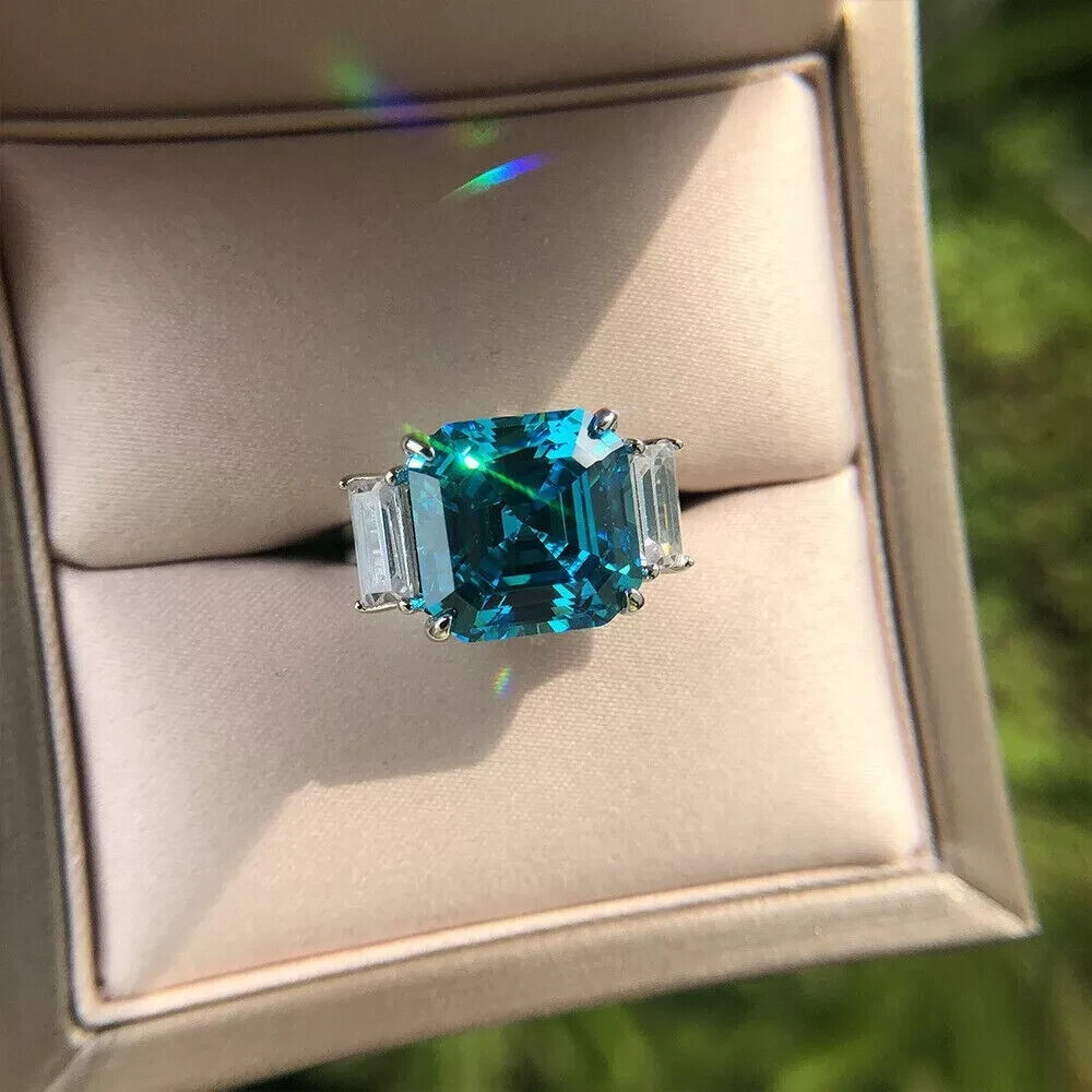 Asscher Lab-Created Blue Topaz Stunning Wedding Ring In 14K White Gold Plated