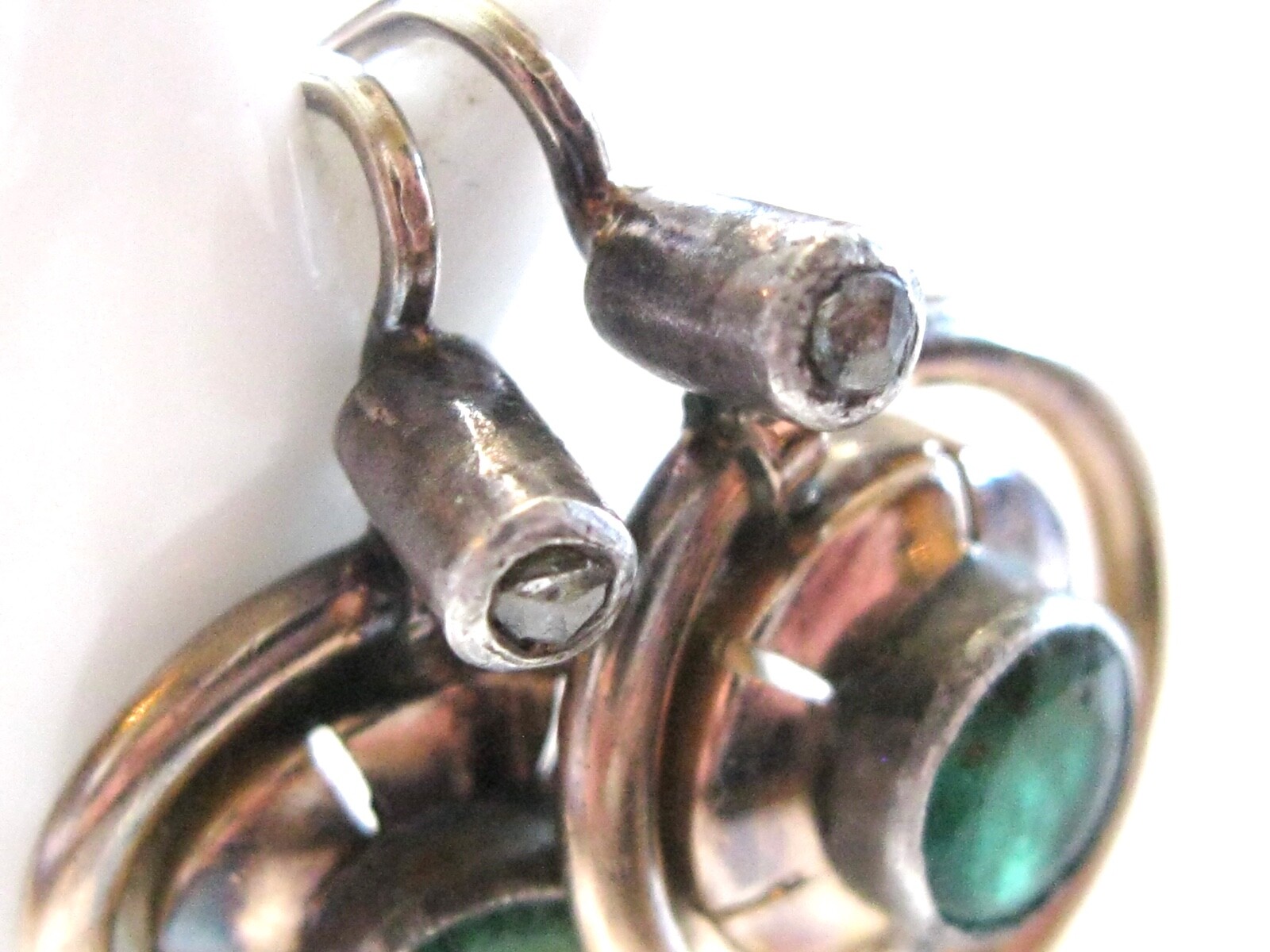 ANTIQUE CIRCULAR EMERALD AND ROSE CUT DIAMOND LEVER BACK GOLD EARRINGS 14K GOLD