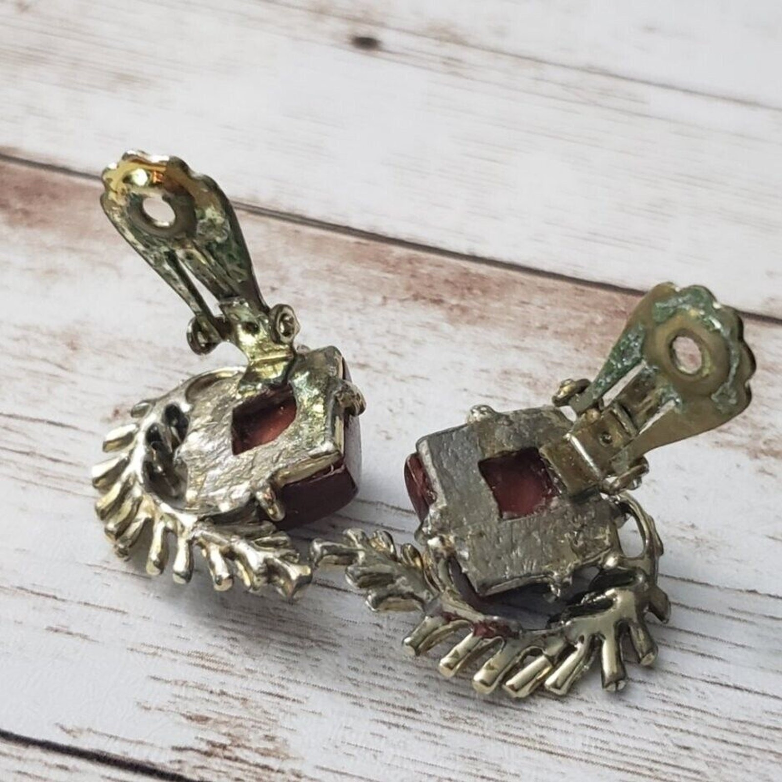 Vintage Clip On Earrings Brown Square with Gold Tone Leaf Details
