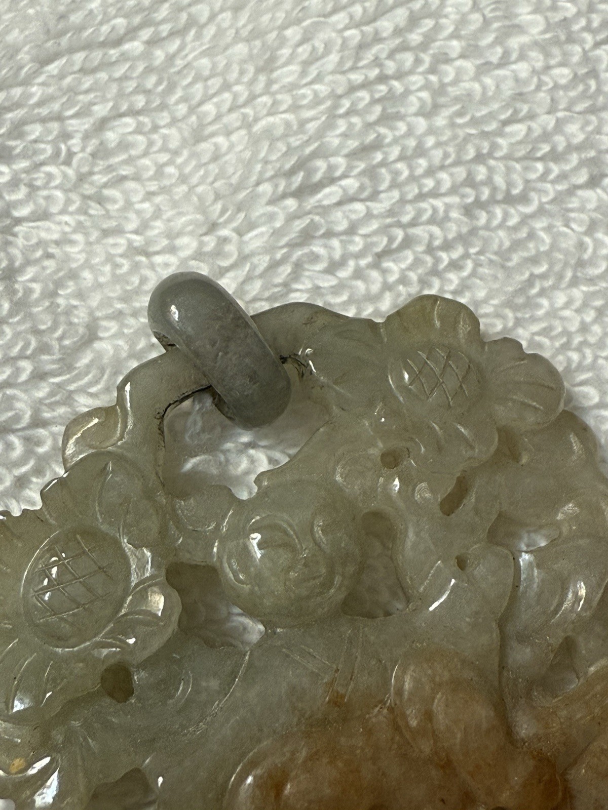 Vintage Carved Jadeite Pendant 26g Natural Green Russet Jade Child Lotus Motif