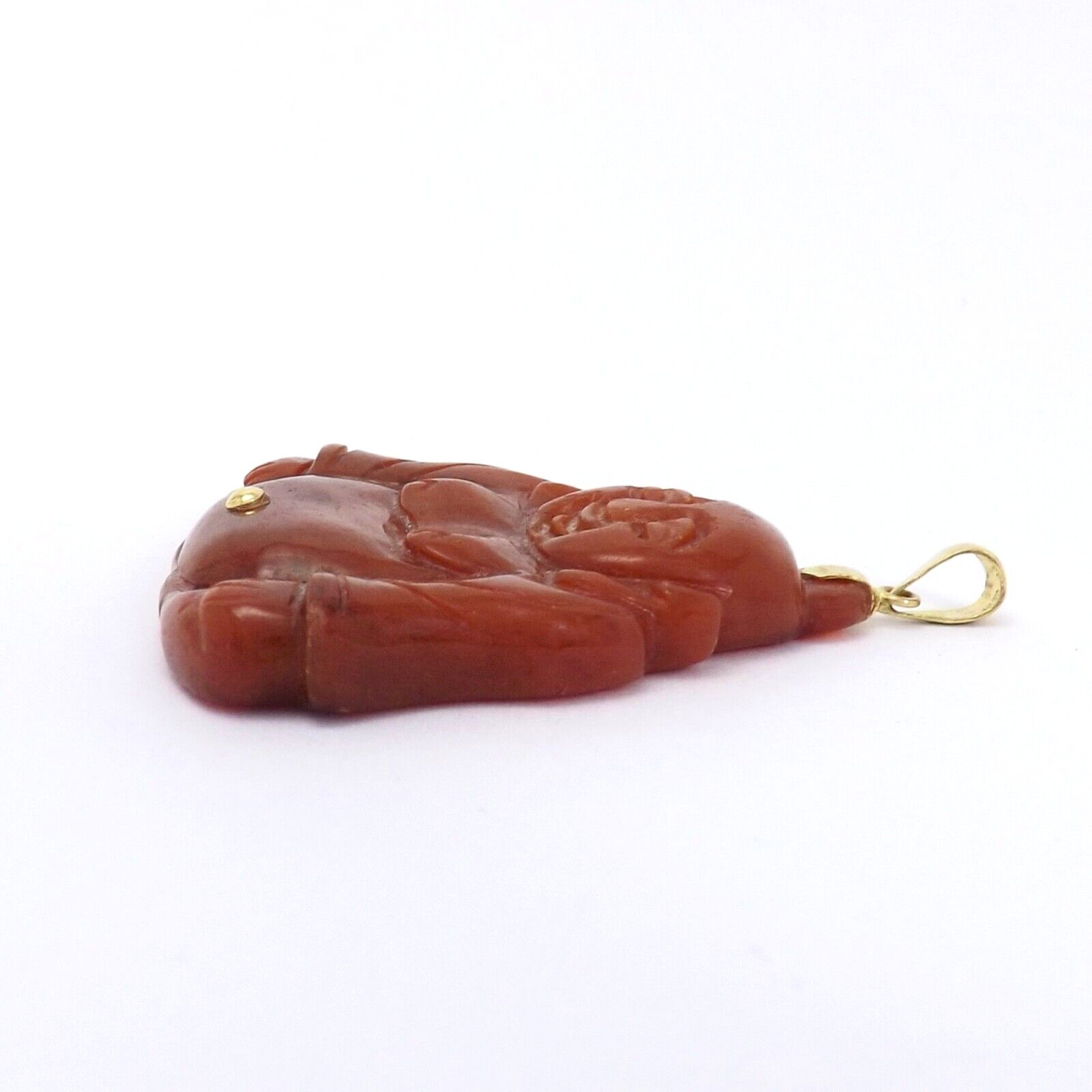 14k Gold Red Jade Laughing Happy Buddha Charm Pendant