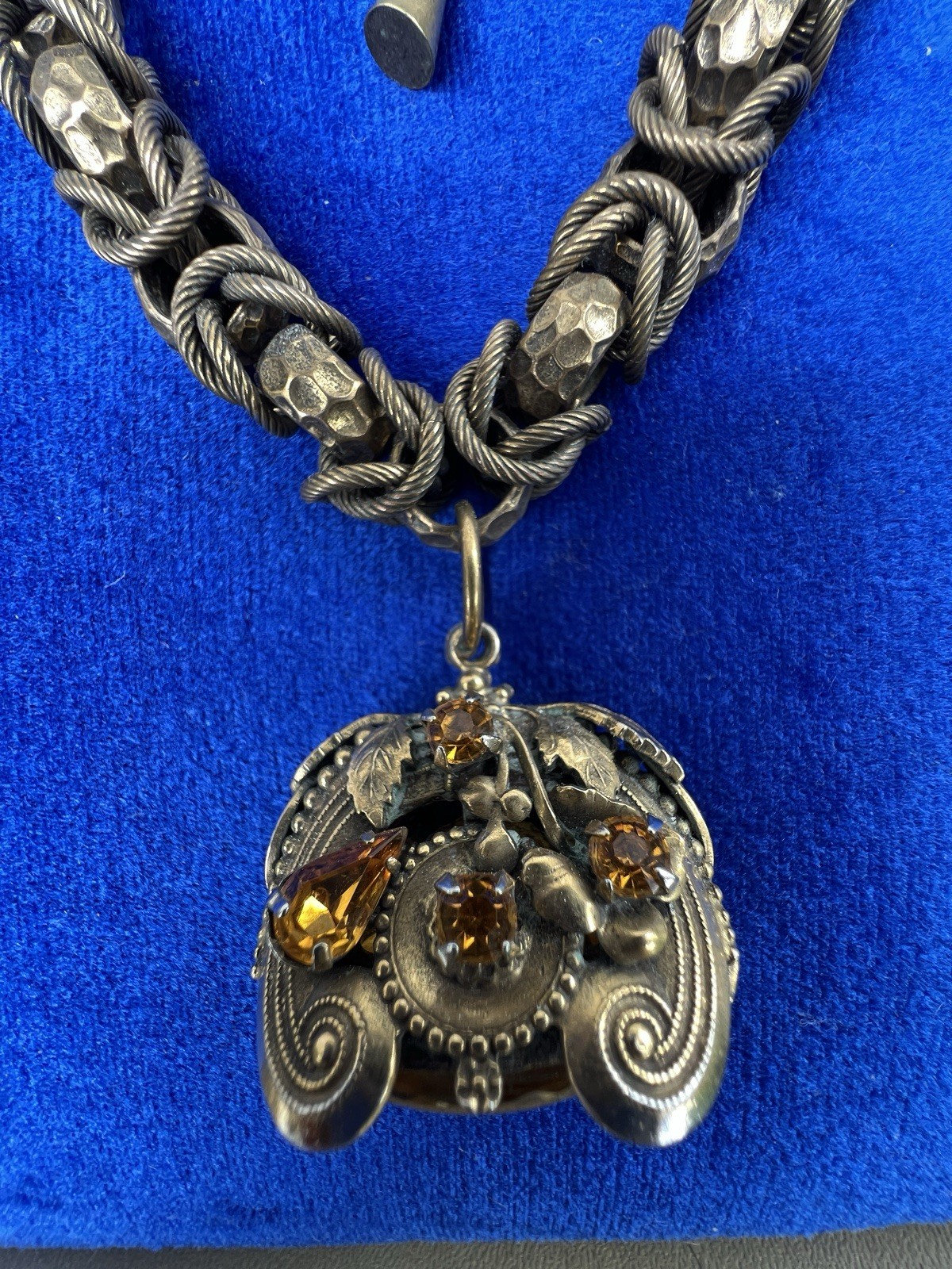 VTG HENKEL & GROSSE Victorian Revival Rhinestone & Art Glass Fob Necklace RUNWAY