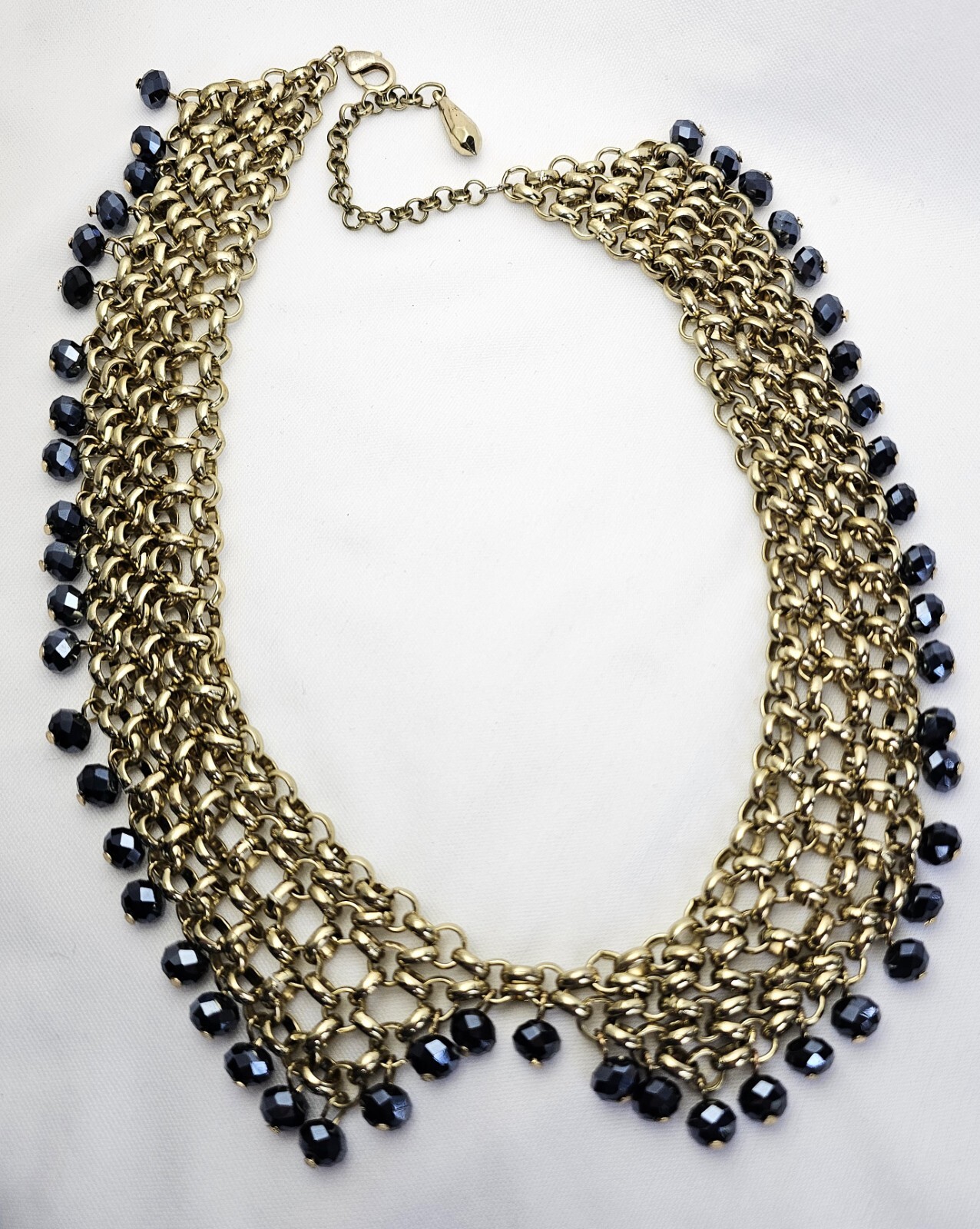 Gold Tone Chain Mail Blue Bead Bib Necklace Collar Fringe Dangling Beads Vintage