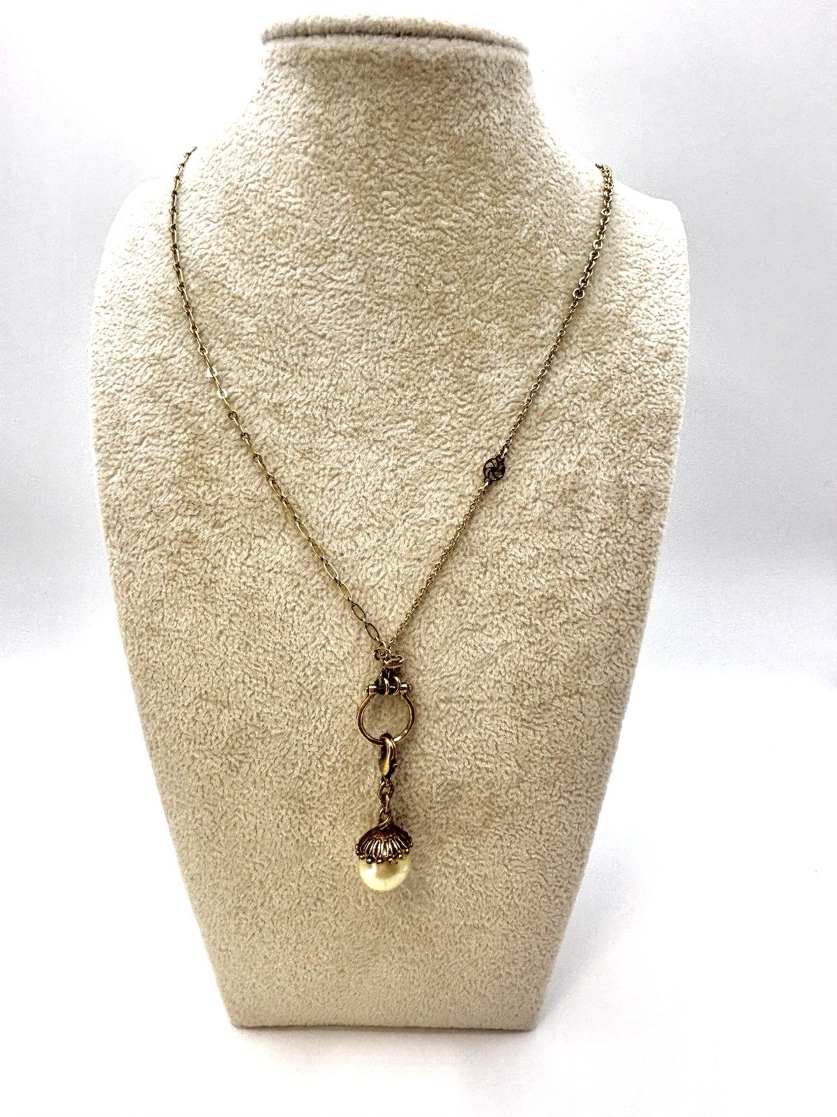 Danish Design Pearl Charm Holder Necklace 24-30″ Antique Brass Stations