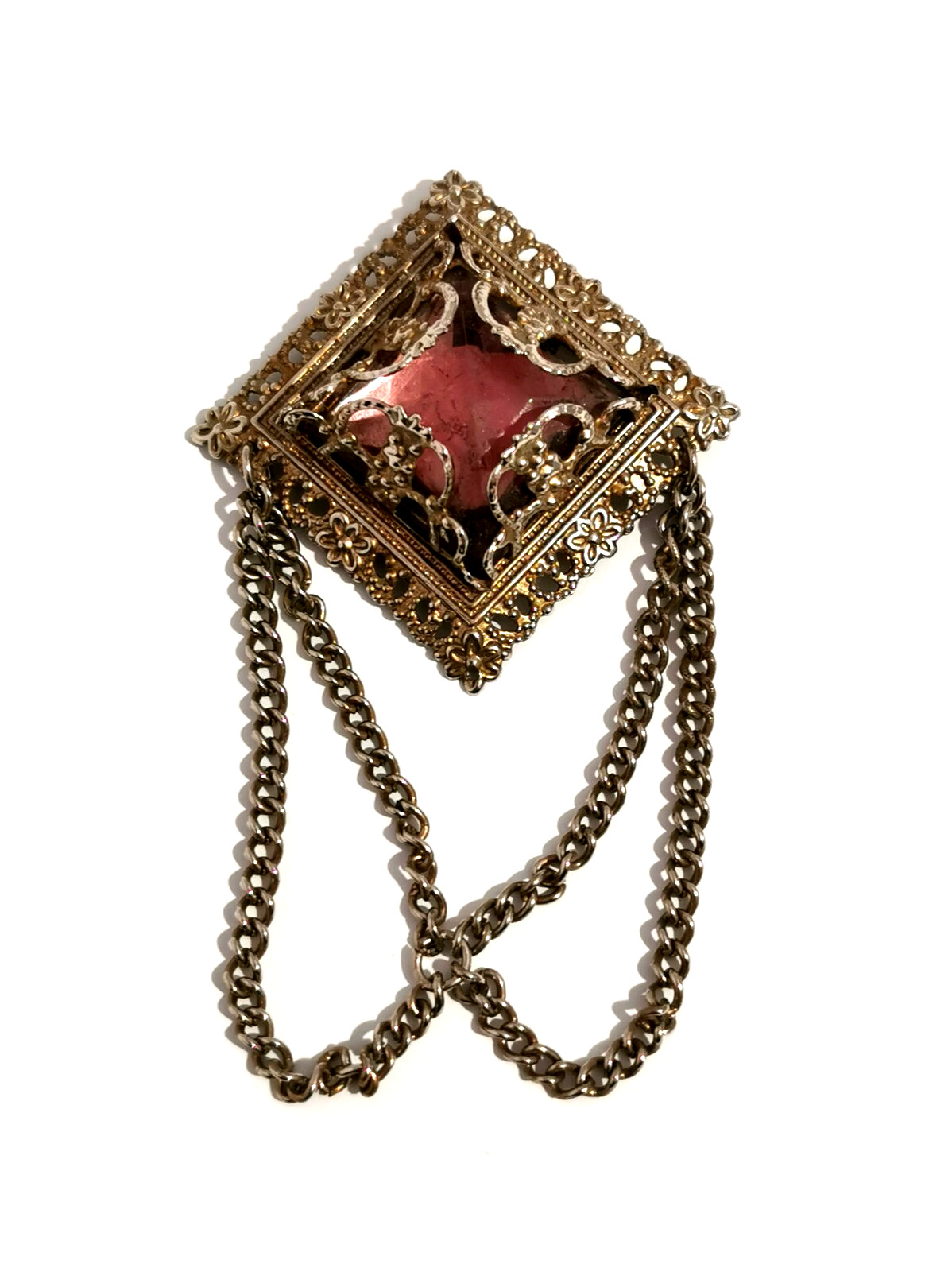 Vintage Czech Pink Glass Brooch Ornamented Brass Chain Pendants Decorated 70s