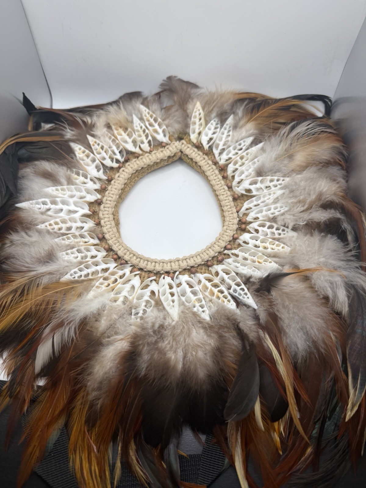 Vtg Statement Woven Collar Necklace Shell Feathers Beaded Native Jute Tribal 13”