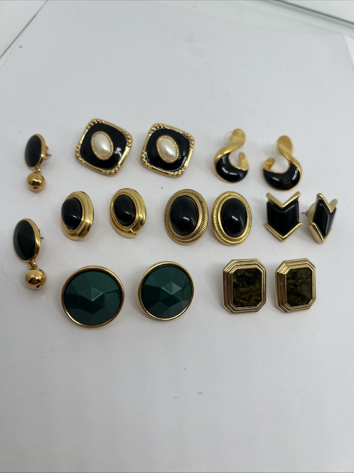 8 Vintage Goldtone Black Enamel Green Pierced Earrings Monet Trifari Avon
