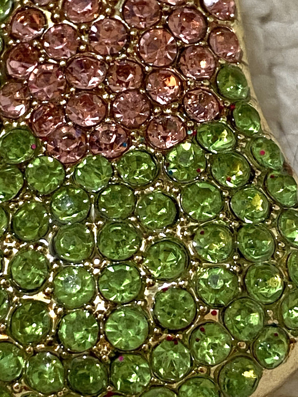 Vintage Pear Shape Pink And Green Rhinestone Gold Tone Brooch