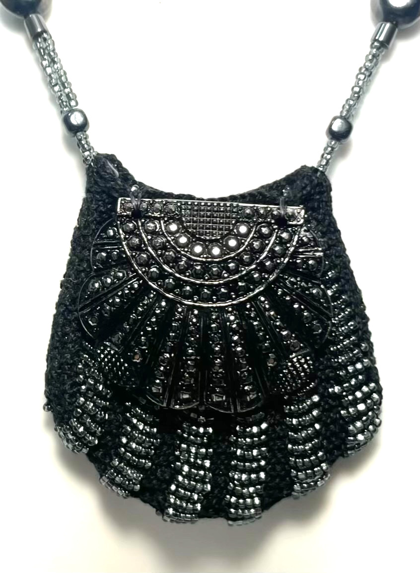 Miniature Beaded Purse Necklace Shell Shaped Black Gray Amulet Keepsake Holder