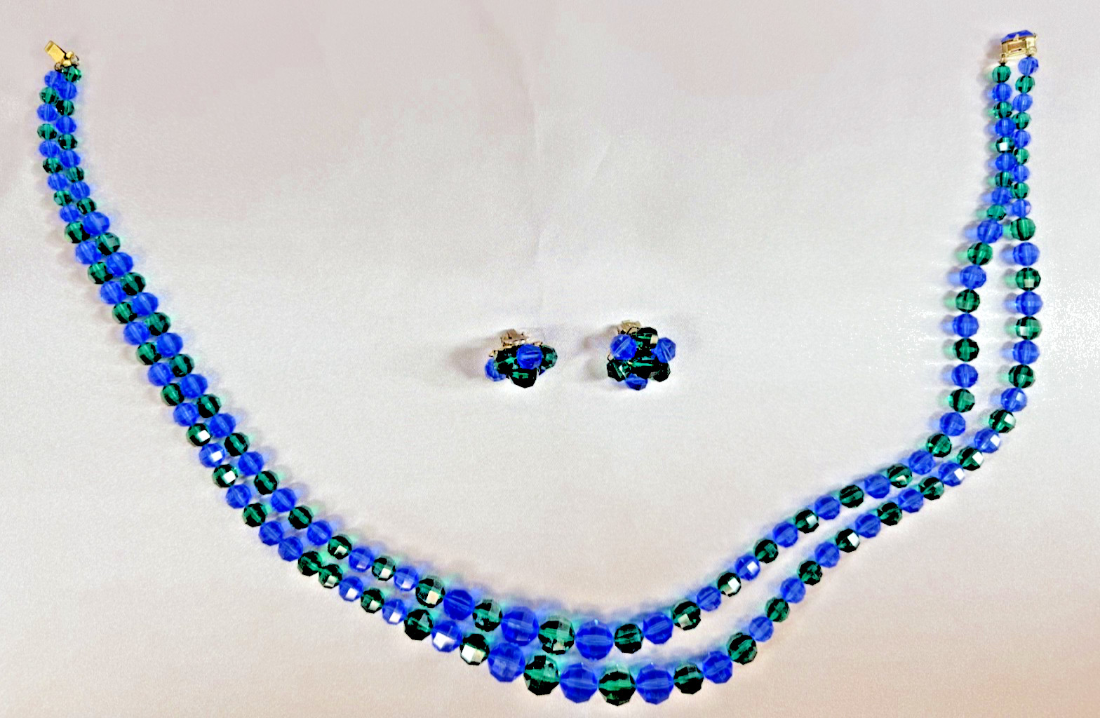Vintage Blue & Green Faceted Glass Beaded Necklace Clip Earrings Set
