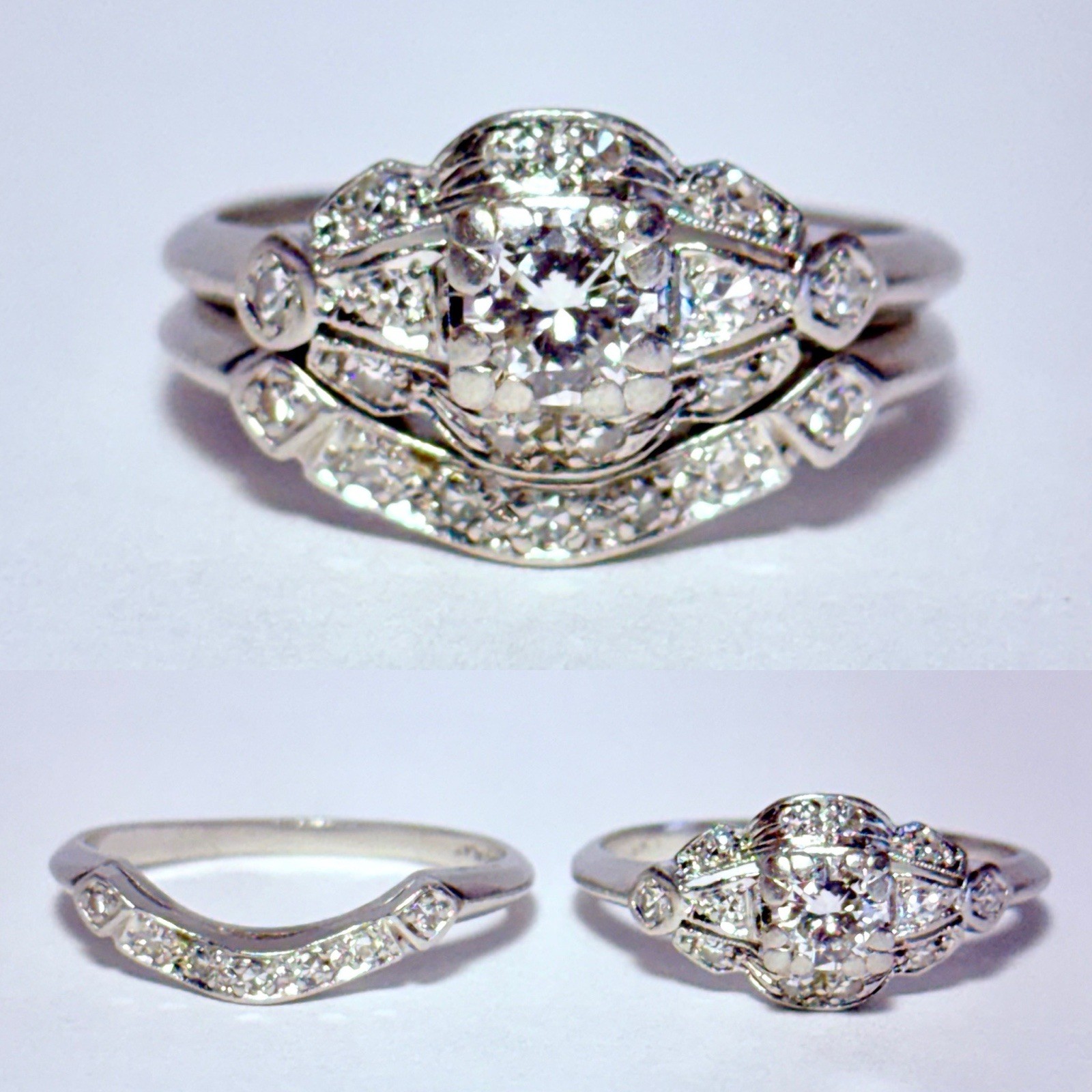Art Deco Platinum 0.25ct Diamond 0.10ctw Accents Size 7.5 Wedding Ring Set 6.8g