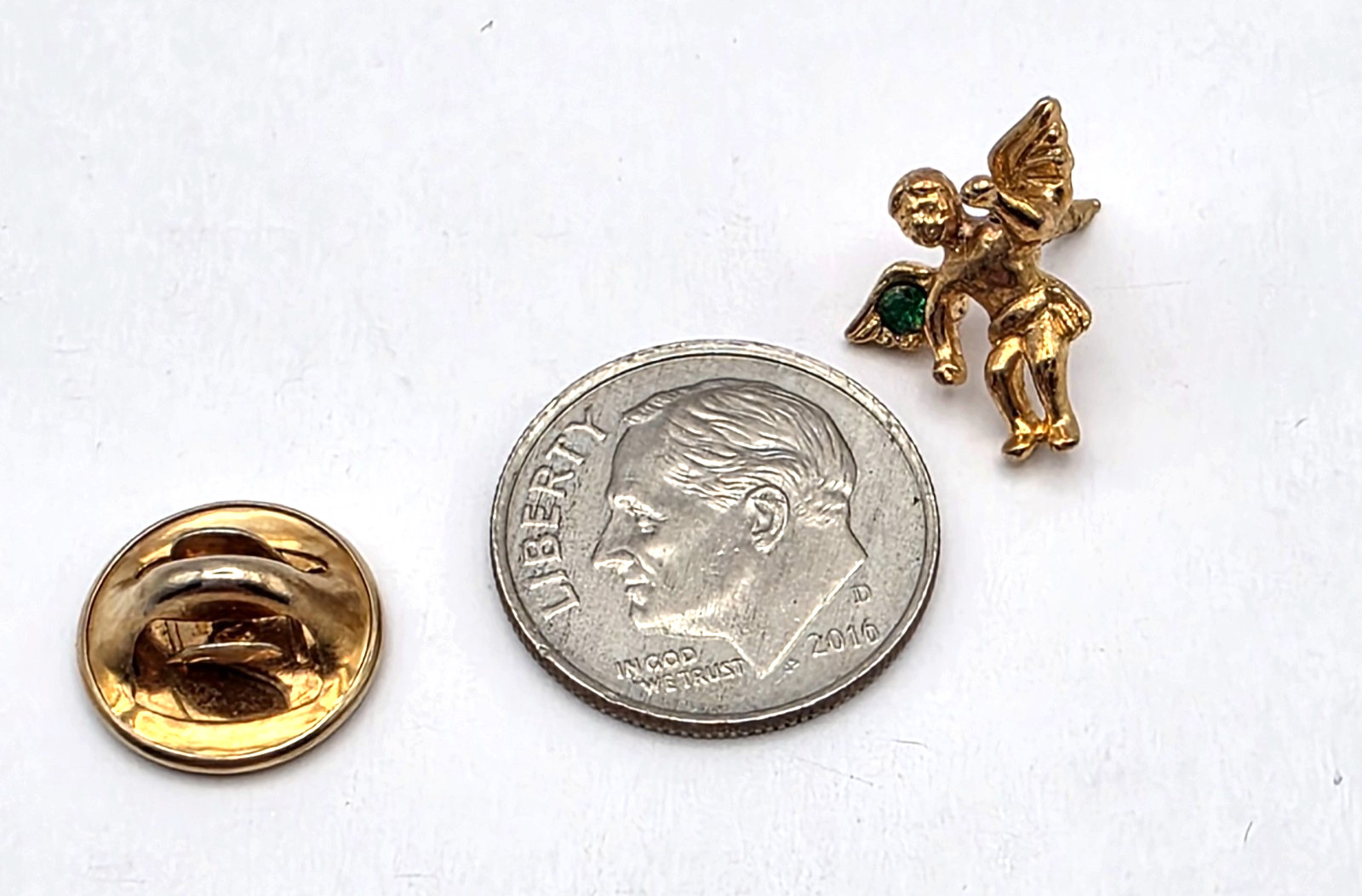 Guardian Cherub Angel Lapel Pin Faux Gold Tone Rhinestone Green Crystal T&T Vtg