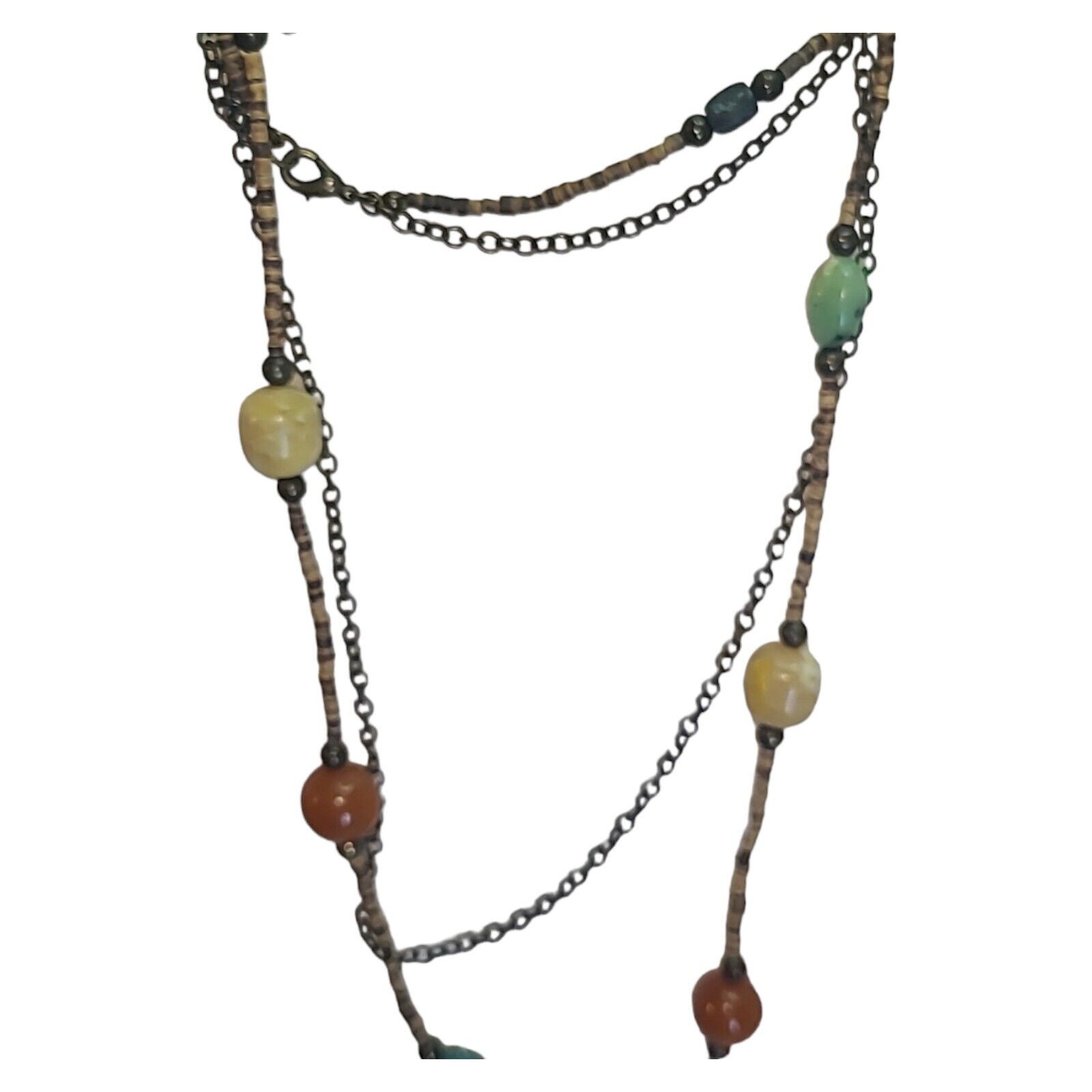 Vintage Boho Coconut Shell & Multi-color Acrylic Bead Station Necklace 32″