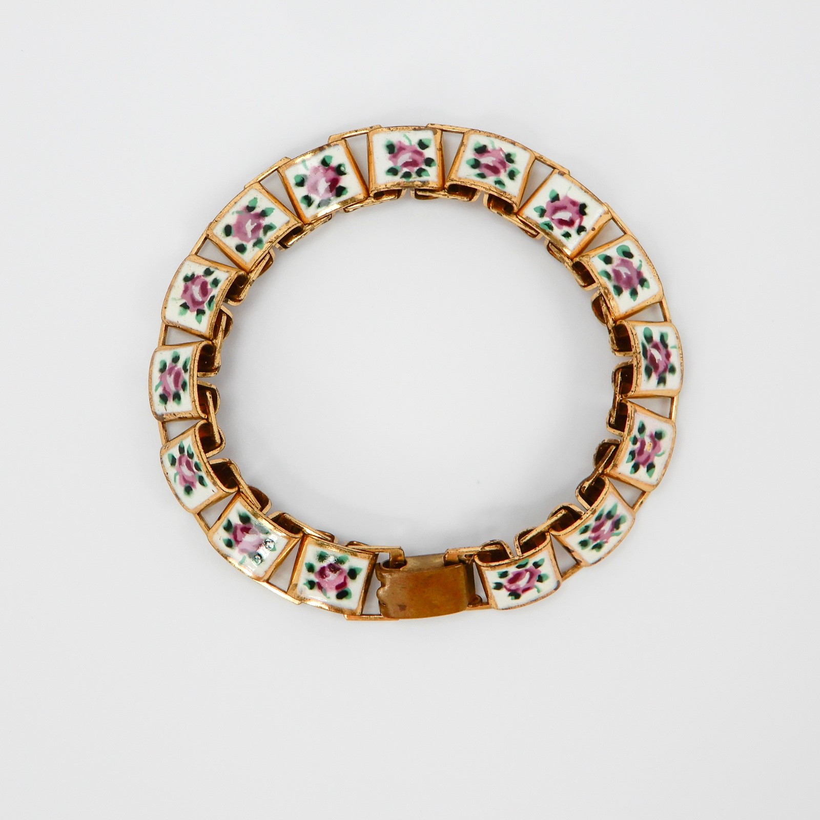 Vintage Hand Painted Enamel Panel Bracelet Pink Roses on White, Book Chain 6.75″
