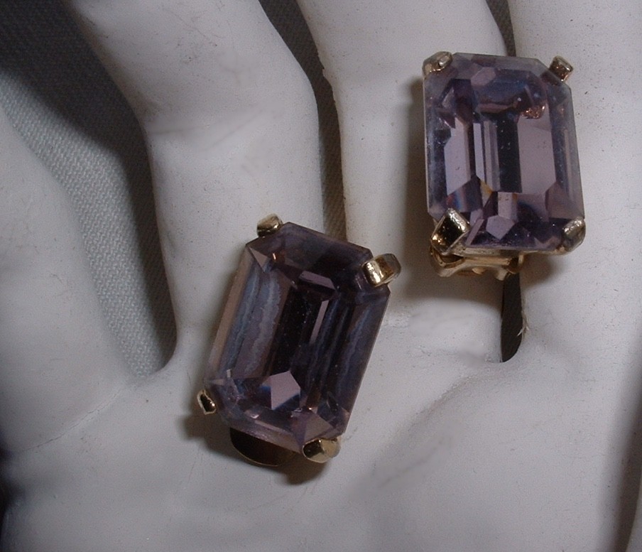 Large Chunky Purple Rectangular Rhinestone Clip-on Earrings Glam Signed Zentall