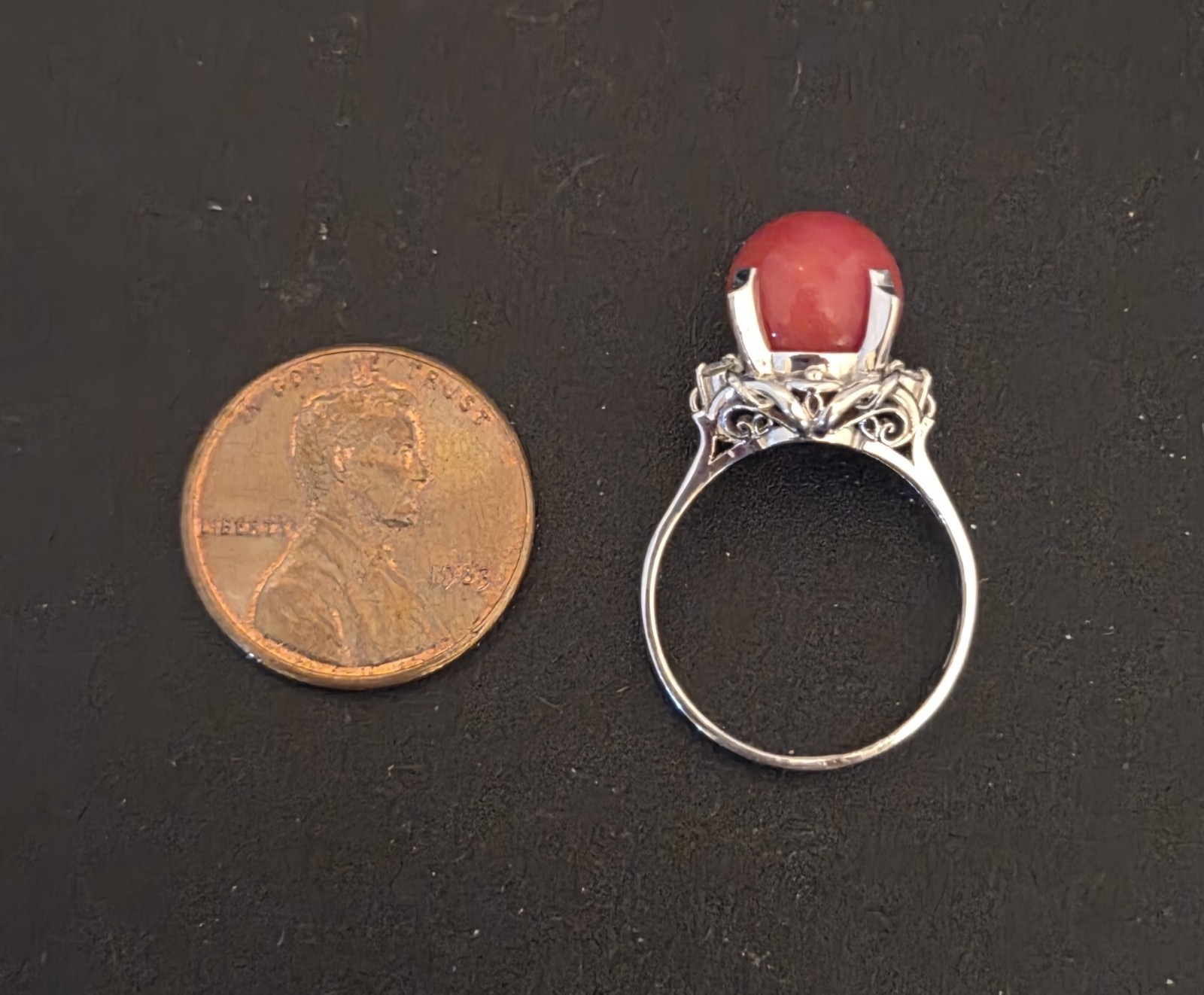 Antique 19th Century 900 Platinum Natural Coral & Diamonds Ring Sz 5-3/4