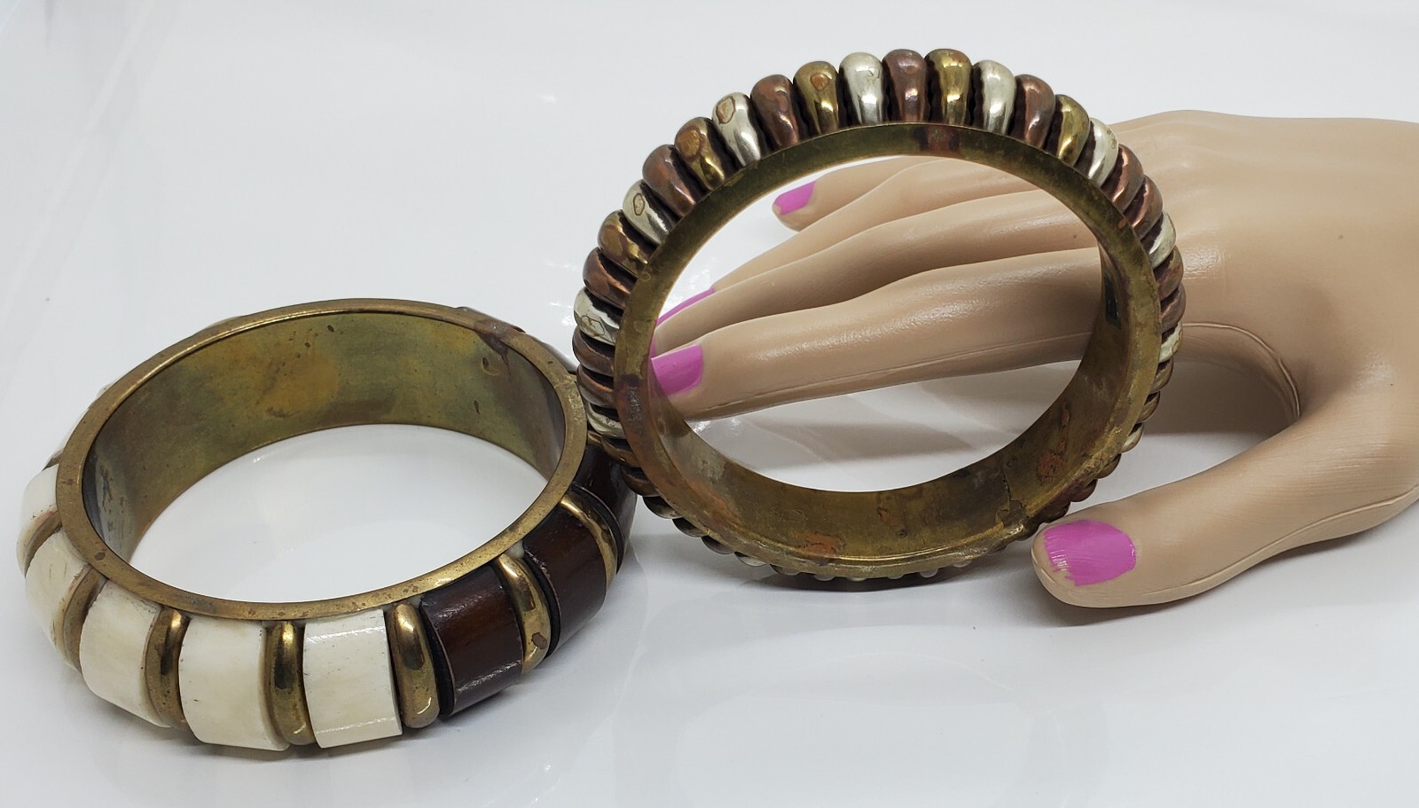 Vintage Wood Metal Bangle Bracelet White Brown Gold Lot of Two
