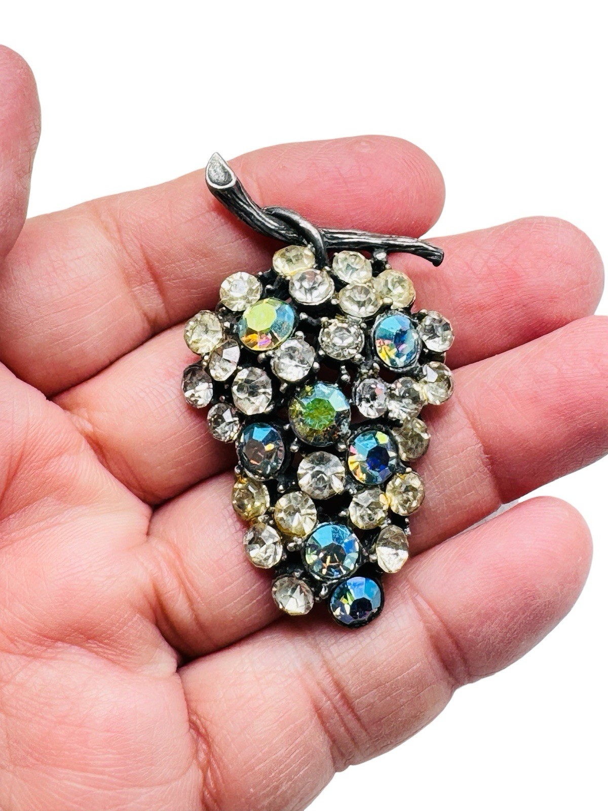 Vintage AB Rhinestone Grape Cluster Brooch Pin Silver Tone