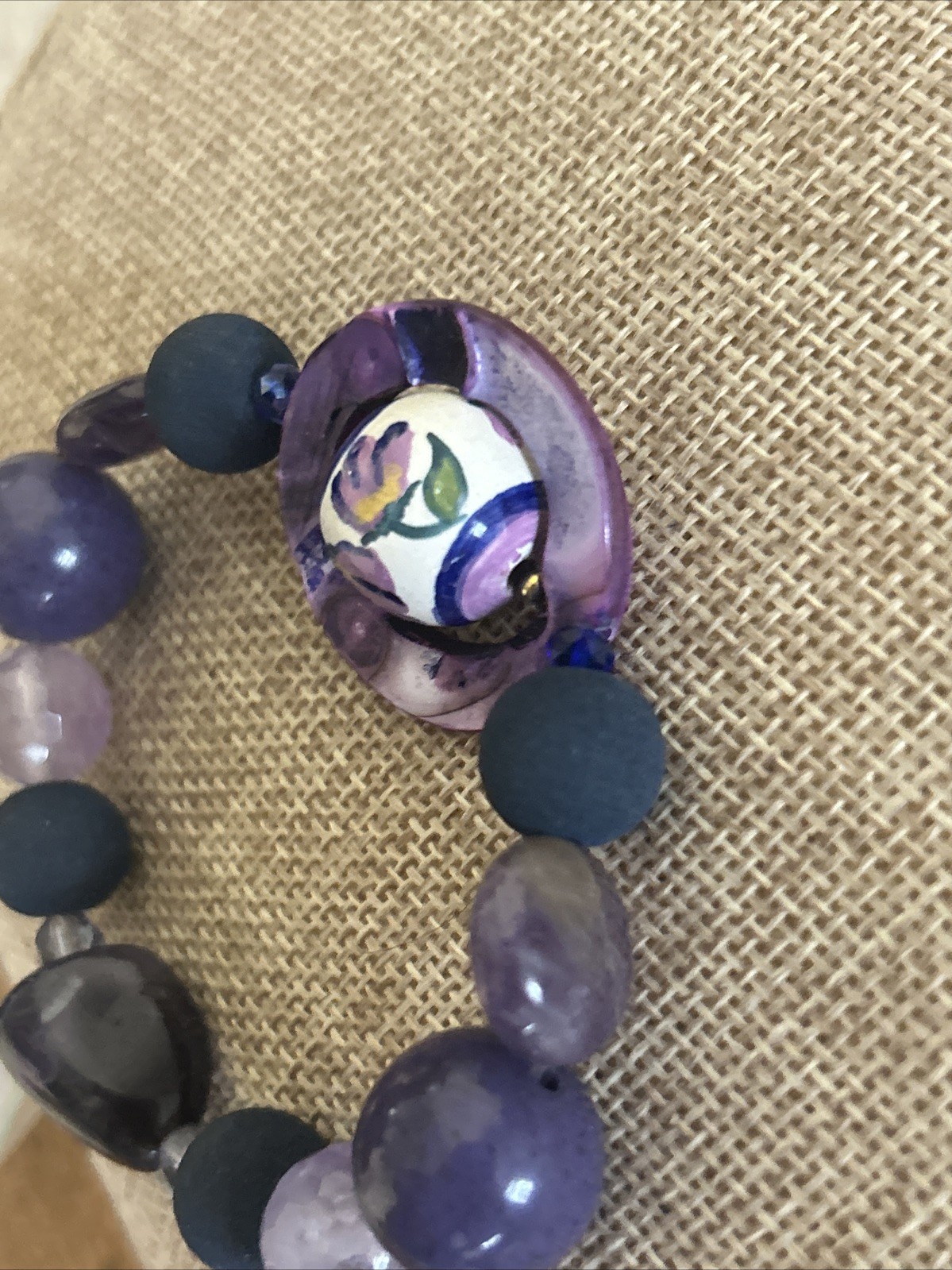 VTG Bead Bracelet Purple Matte w/ Abalone Ring Floating Floral Ball Hand Painted