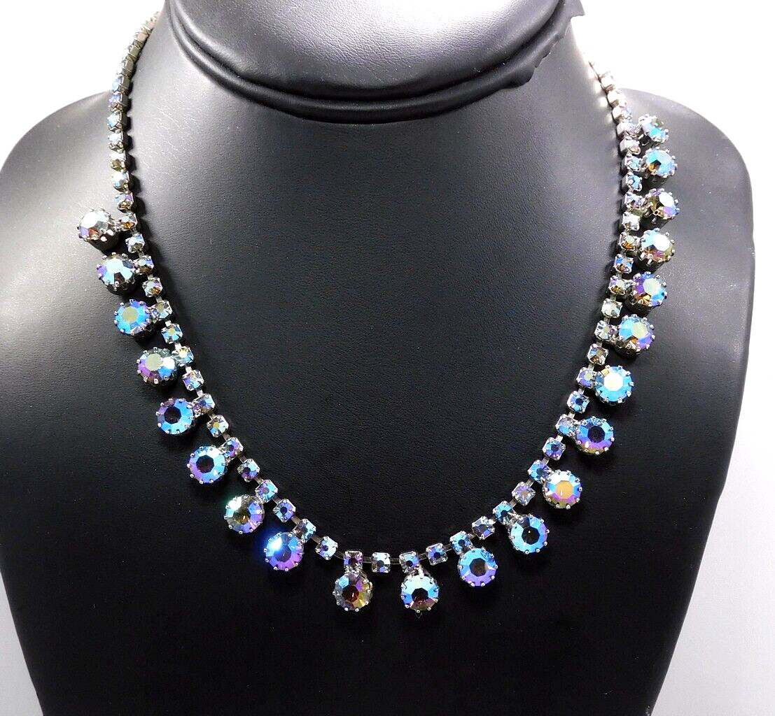 Vintage Vibrant Peacock Blue Violet Prong Set AB Rhinestone Necklace Adjustable