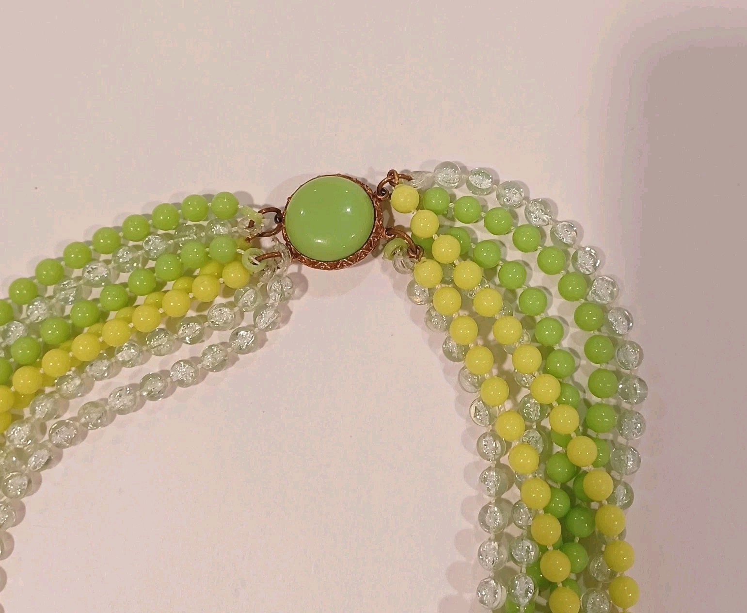 Vintage Multi Strand Lime Green Yellow And Clear Acrylic Beaded Necklace
