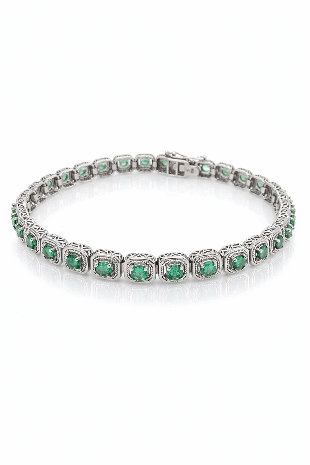 Vintage Filigree Zambian Emerald Link Bracelet 2.00 TCW Sterling Silver Box Tab