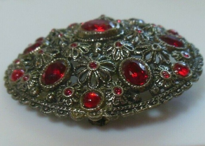 Antique New England Glass Works Large Brooch Red Rhinestones Floral Filigree