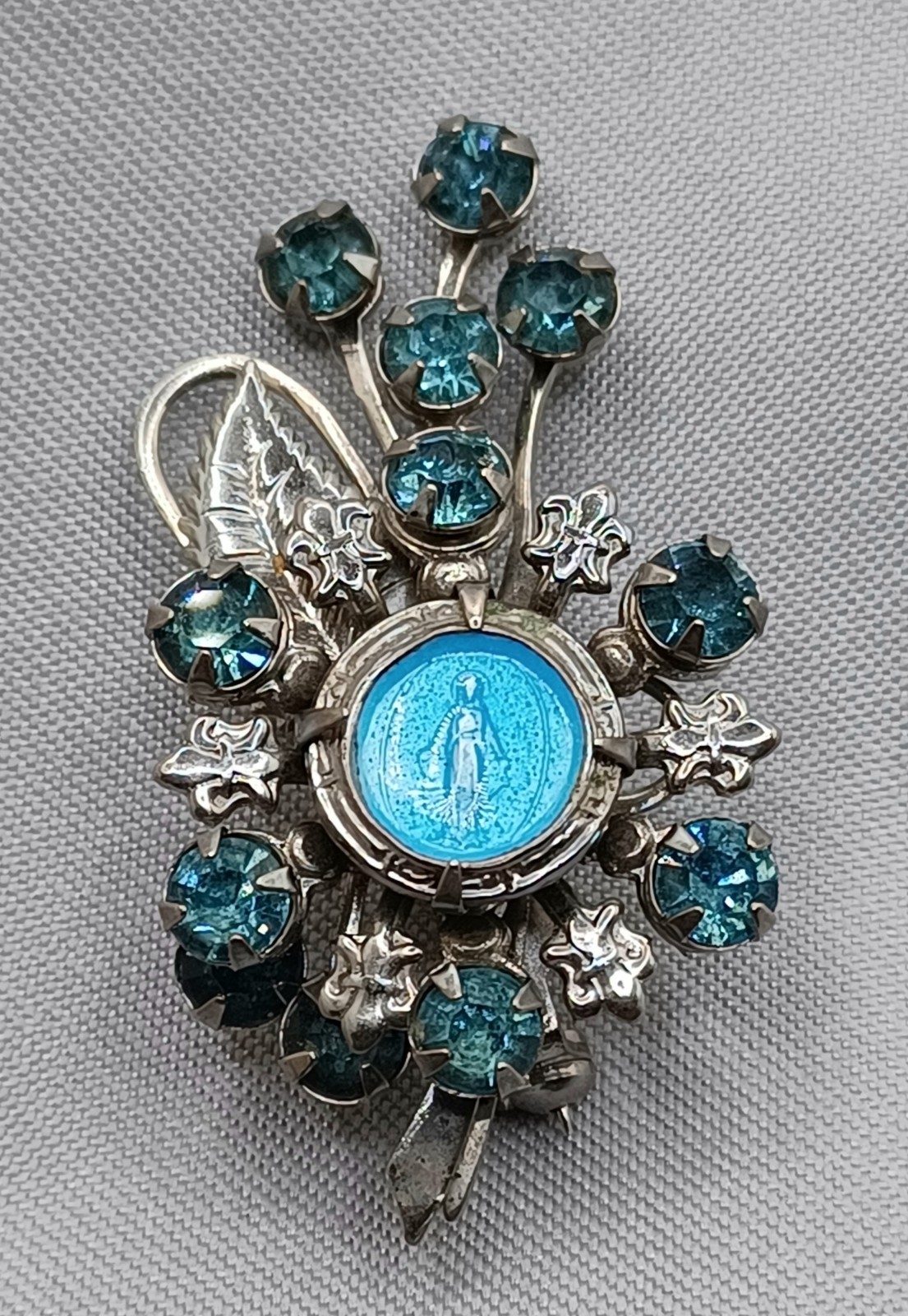 Vintage Virgin Mary Brooch Silver Tone Blue Enamel Mary Pale Blue Rhinestones