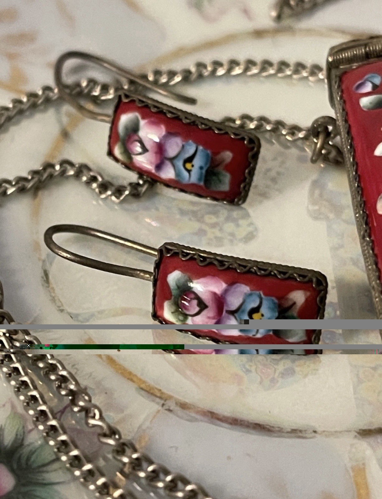 Vintage Russian Finfit Hand Painted Enamel Pillbox Locket & Earring Set
