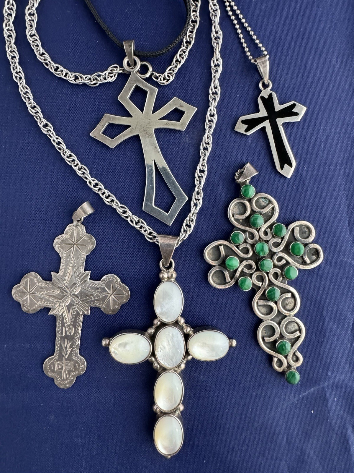 Vintage Sterling Silver Cross Necklace Pendant Lot Mexico MOP Malachite 90 Grams