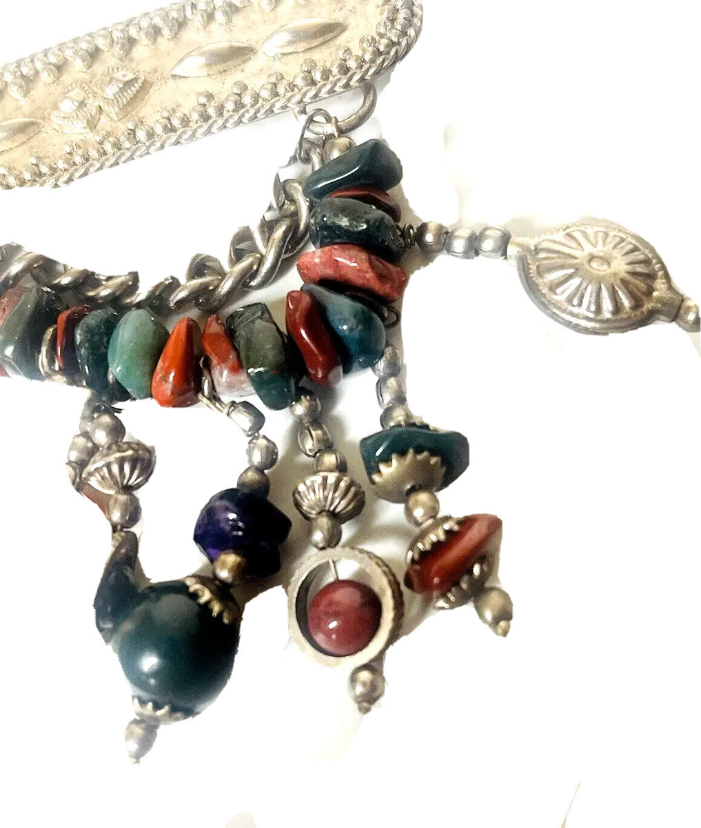 Vintage Hand Crafted Brooch Genuine Stone Chunks Unknown Metal Made In India