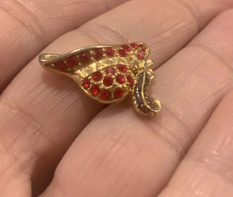 Red Hat Society Vintage Brooch Rhinestones Enamel 80s Gold Tone Feather Pin Back
