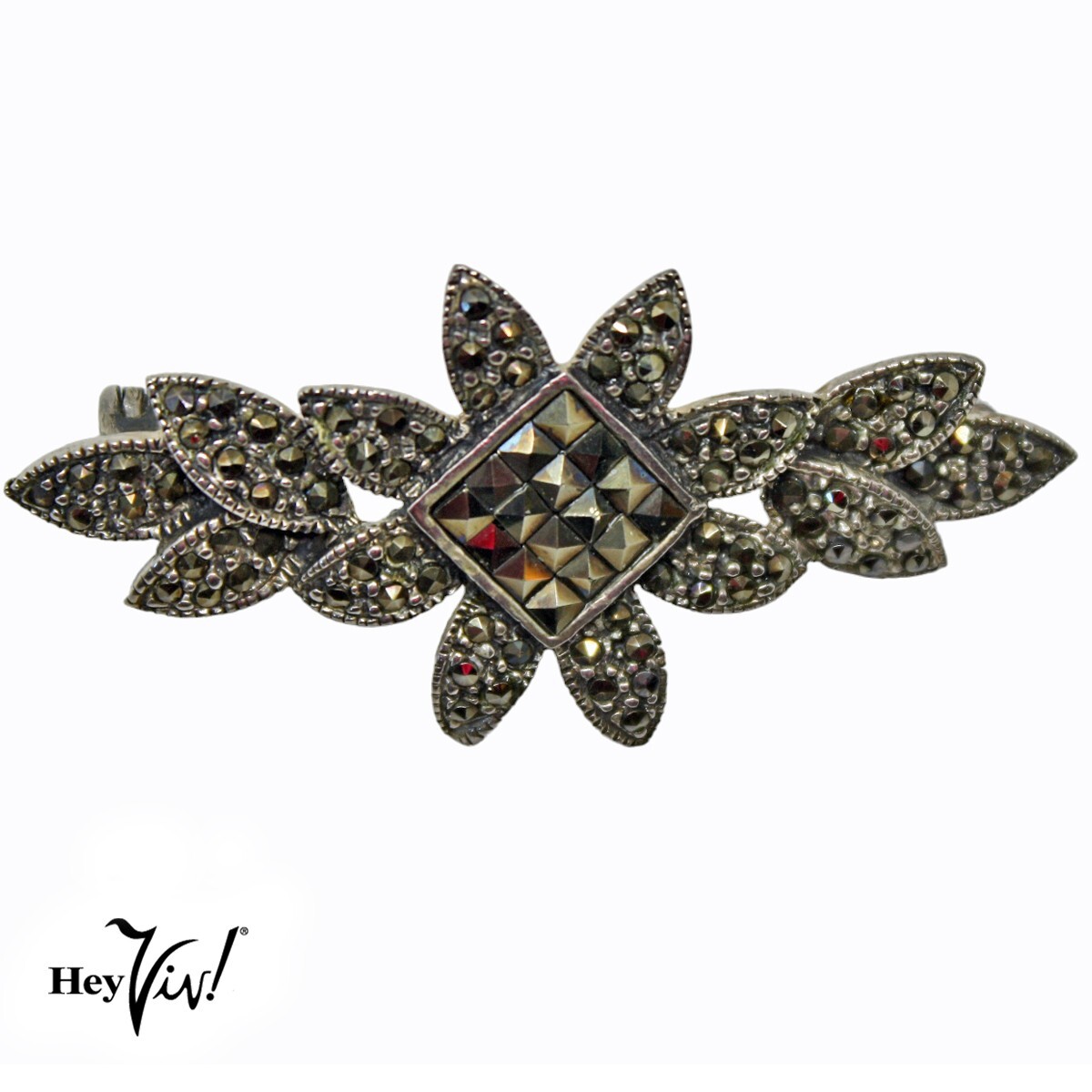 Vintage Marcasite Pin Brooch Deco Style Floral Leaf Motif 2.25″ Across – Hey Viv
