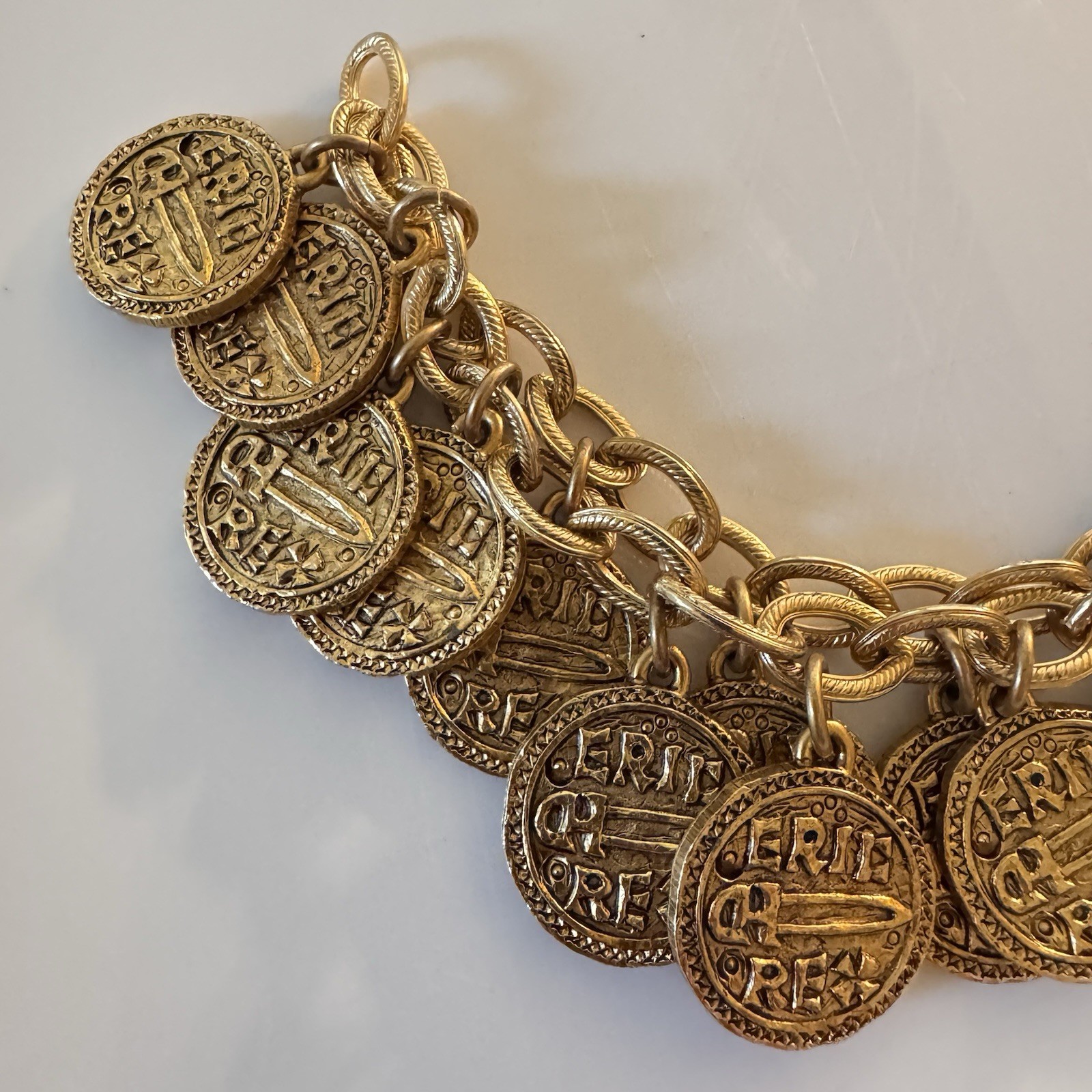 Vintage Stewart Lucas Coin Charm Bracelet, 80s 90s, Etruscan, Byzantine, Signed!