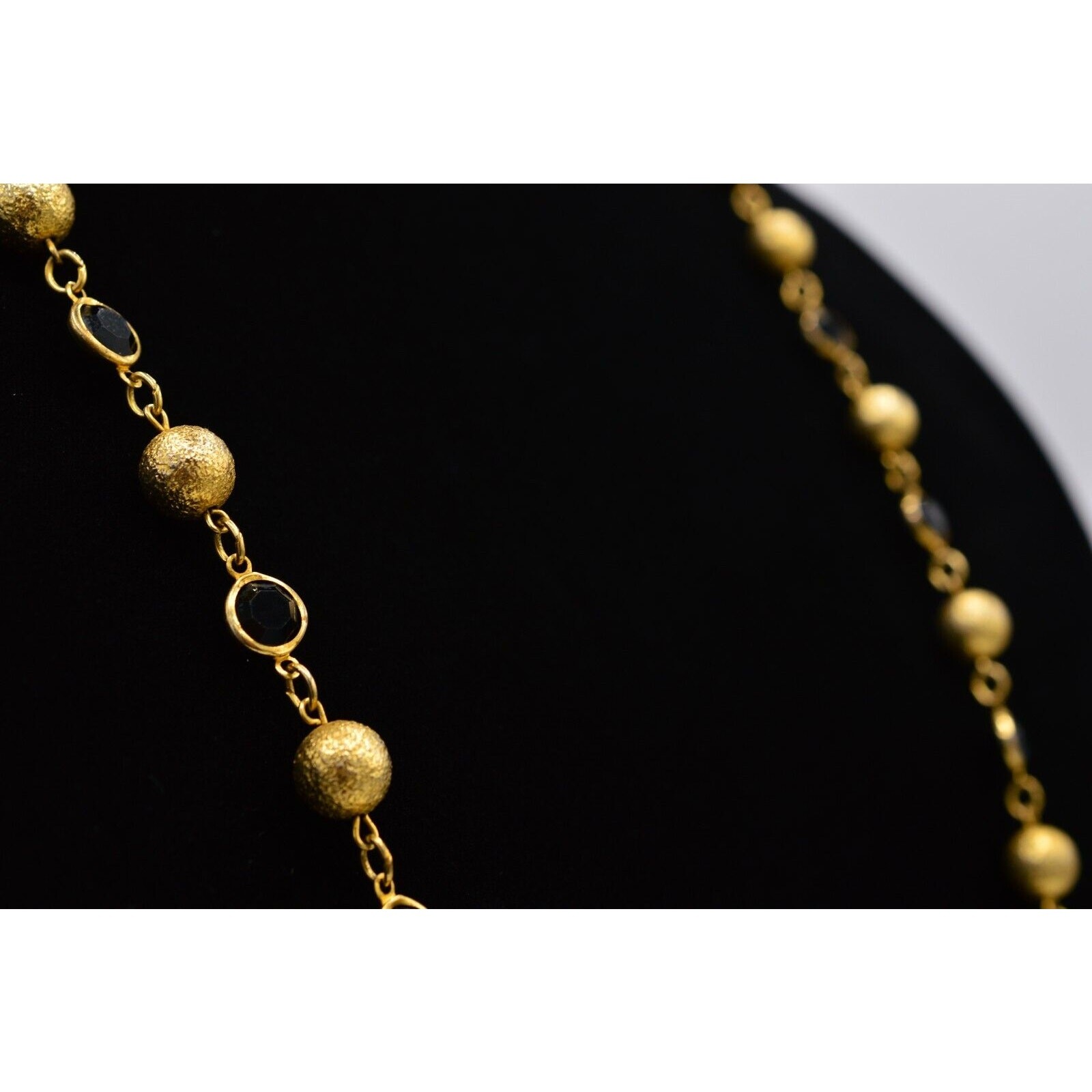 Austrian Crystal USA Vintage Necklace Black Open Bezel Gold Ball Signed 80s Bin8