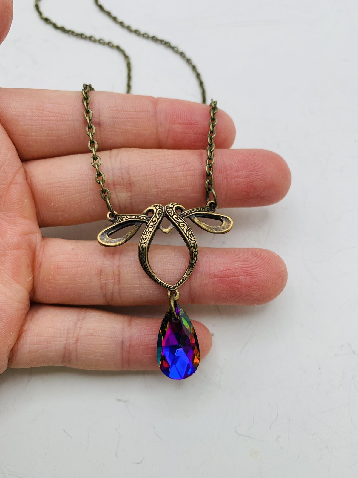 Vintage Style Art Nouveau Bronze Tone Rainbow Teardrop Bead 18 in Necklace