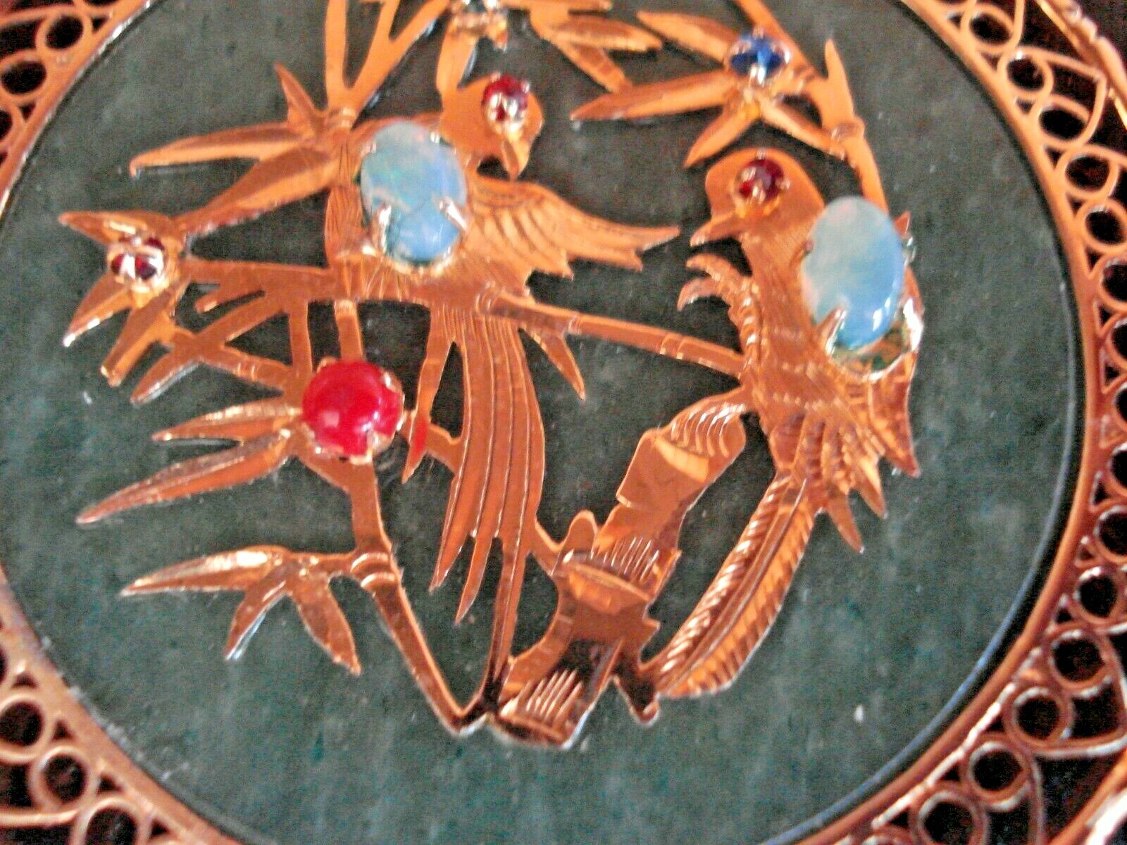RARE Beautiful Vtg. Chinese Gold-Pl Jade & Gemstone Bird Pendant