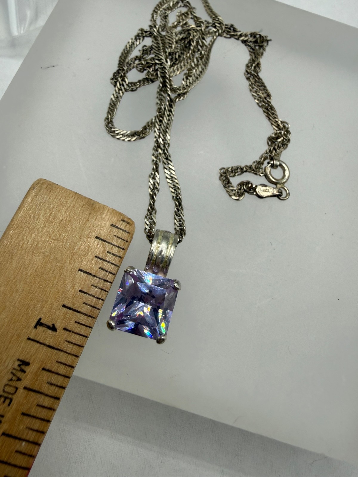 VINTAGE STERLING SILVER TWIST CHAIN PASTE AMETHYST PRINCESS CUT PENDANT NECKLACE