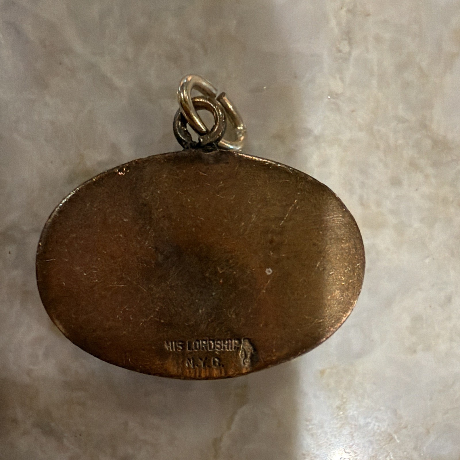 Signed Oval Charm Pendant, Gold Tone Black Enamel, Red Stone, Engraved Bug