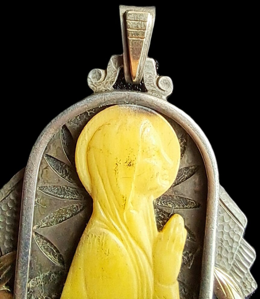 Fine Antique Art Deco Silver & Gold Madonna in Sorrow Virgin Mary Pendant C 1930