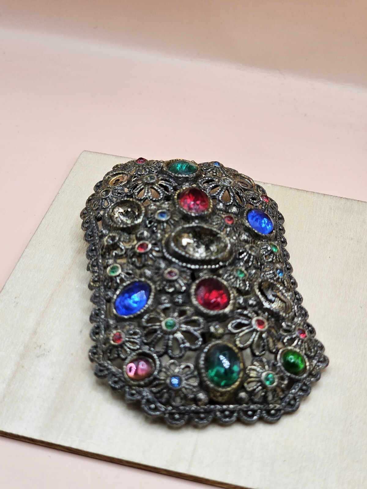 New England Glass Works Brooch Pin Floral Design Faceted Stones Vtg 1940s