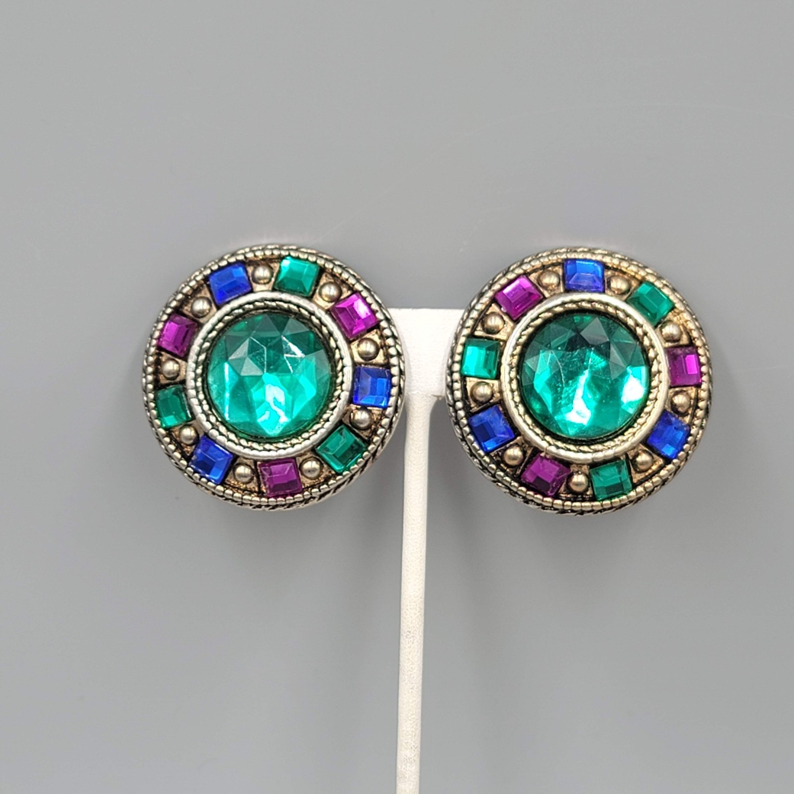 Vintage Large Green Purple Blue Clip on Earrings Silver tone 1.5″