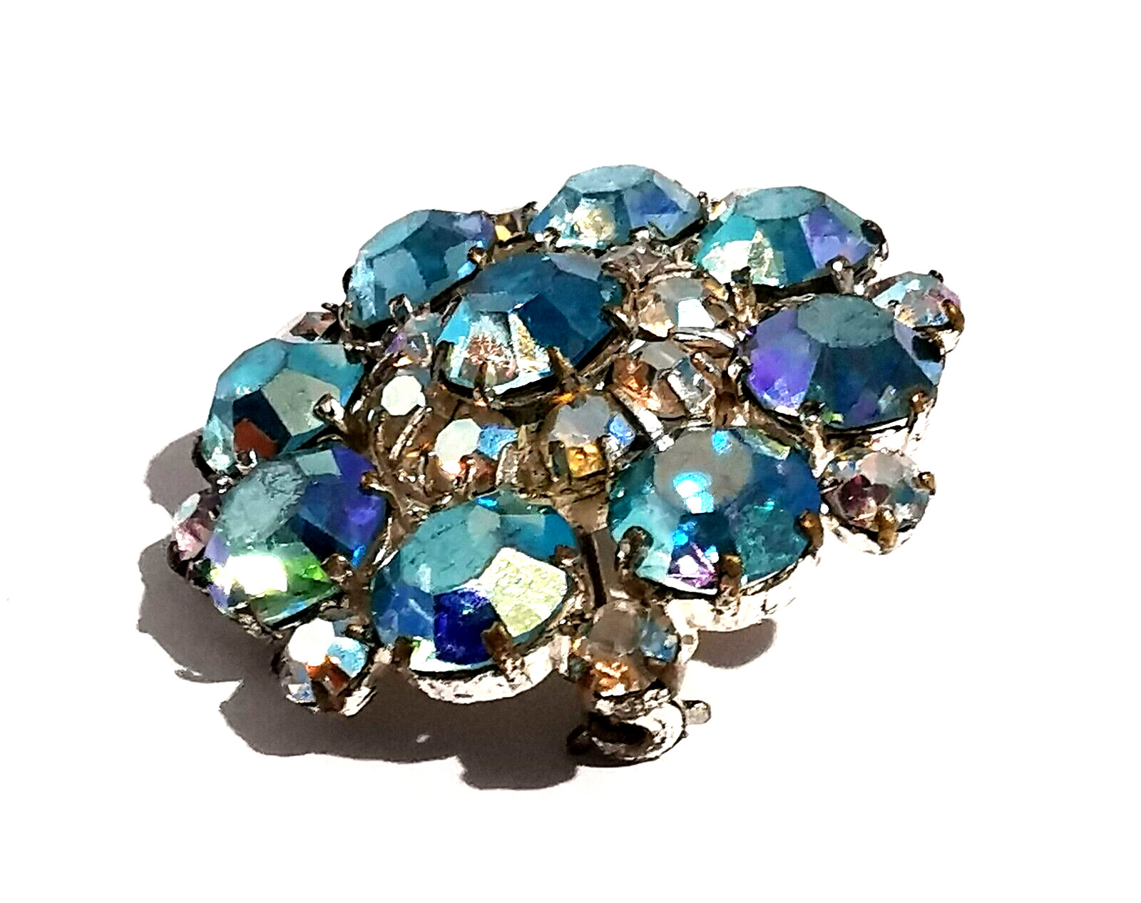 Vintage Czech Brooch Blue and Clear Colorless Dragon Breath Rhinestones Glass