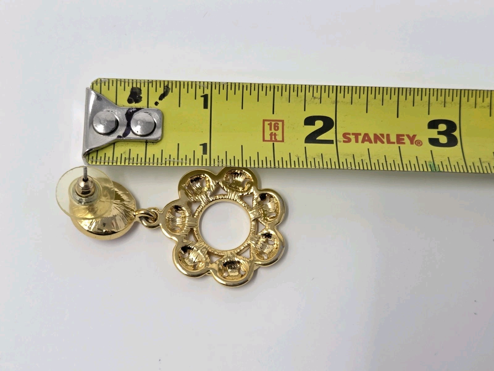 Gold Tone & Pink Acrylic Rhinestone Dangle Drop Hoop Earrings Vintage 1.7 Inches