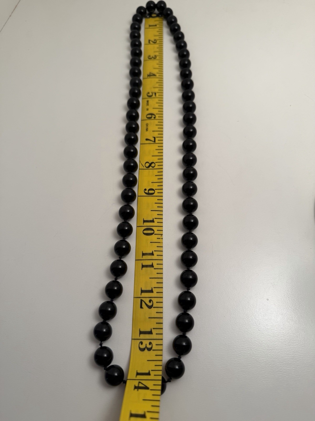 Vintage Round Polished Black Glass 1cm Beads 28” Necklace Hand-Knotted 126.7g