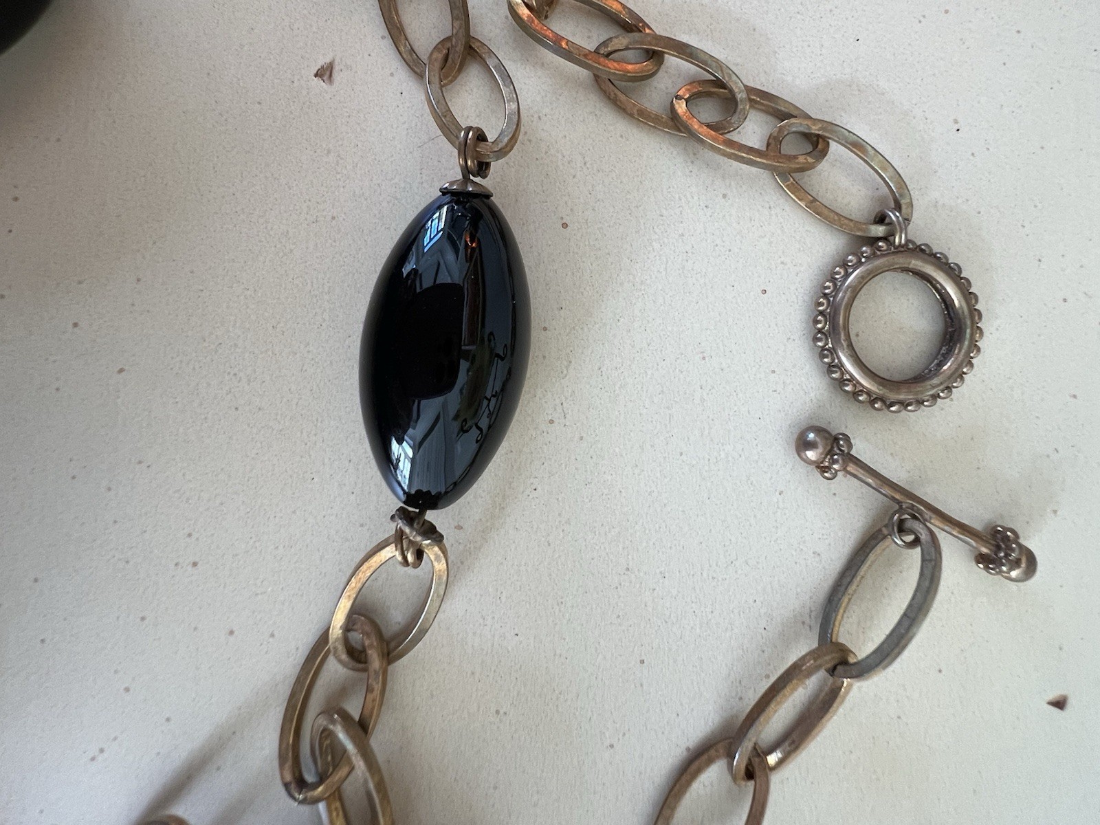 Stephen Dweck Necklace Onyx Beads and Brass Linked 40” Chain