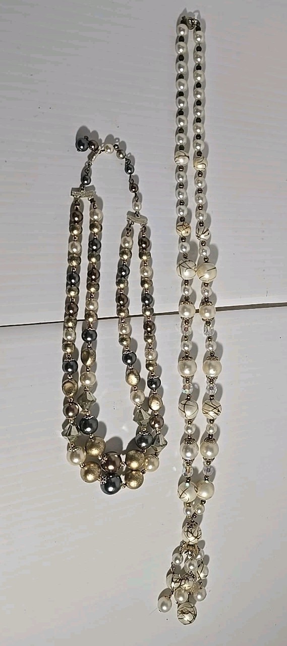 Two Vintage Beaded Necklaces Earthtones Layering 1-Tasseled 1-Multistrand Japan