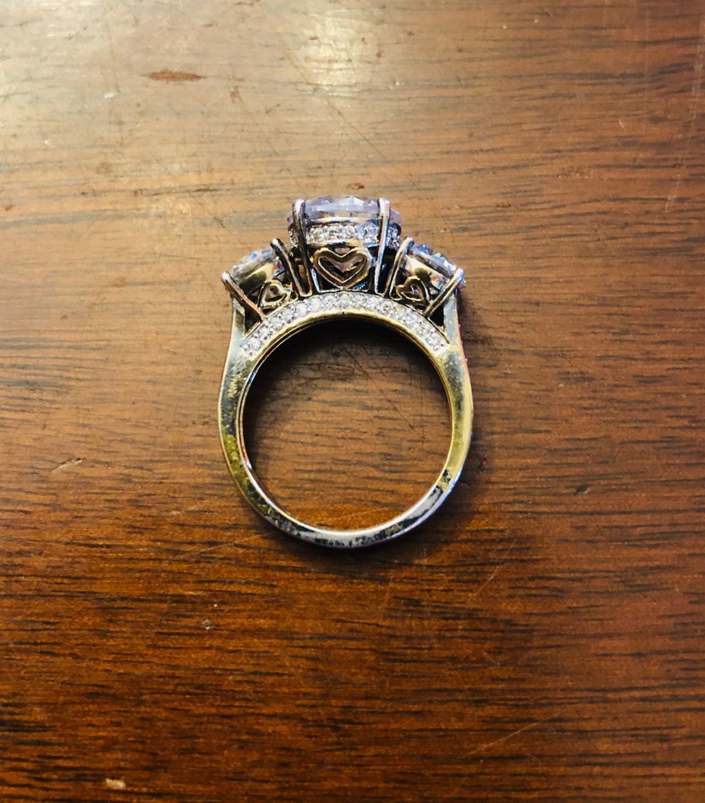 Engagement ring band gold tone 3 stone glass estate vintage 5 carat TW